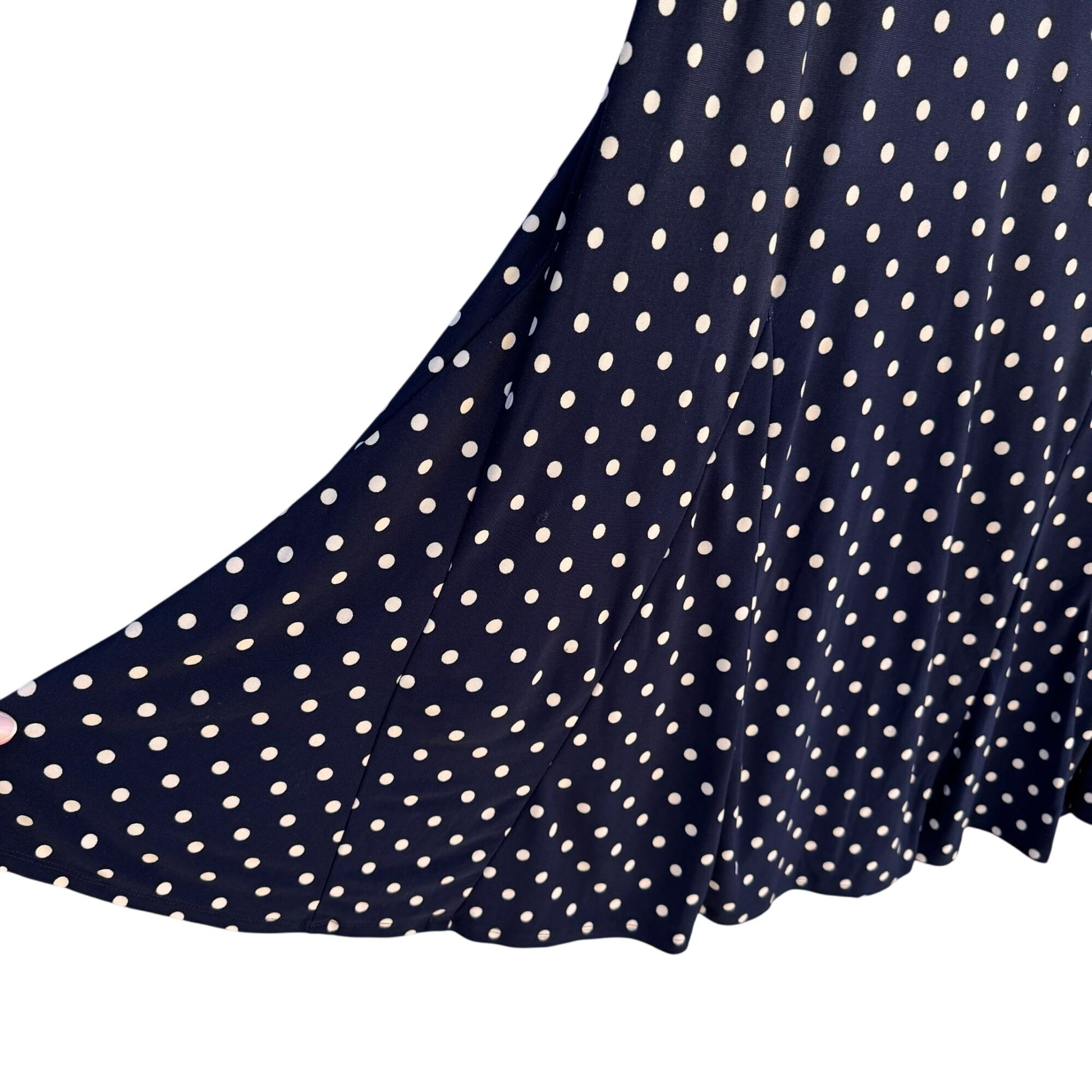 Vintage Womens Preppy Navy Jersey Polka Dot Long Sleeve Full Skirt Midi Dress