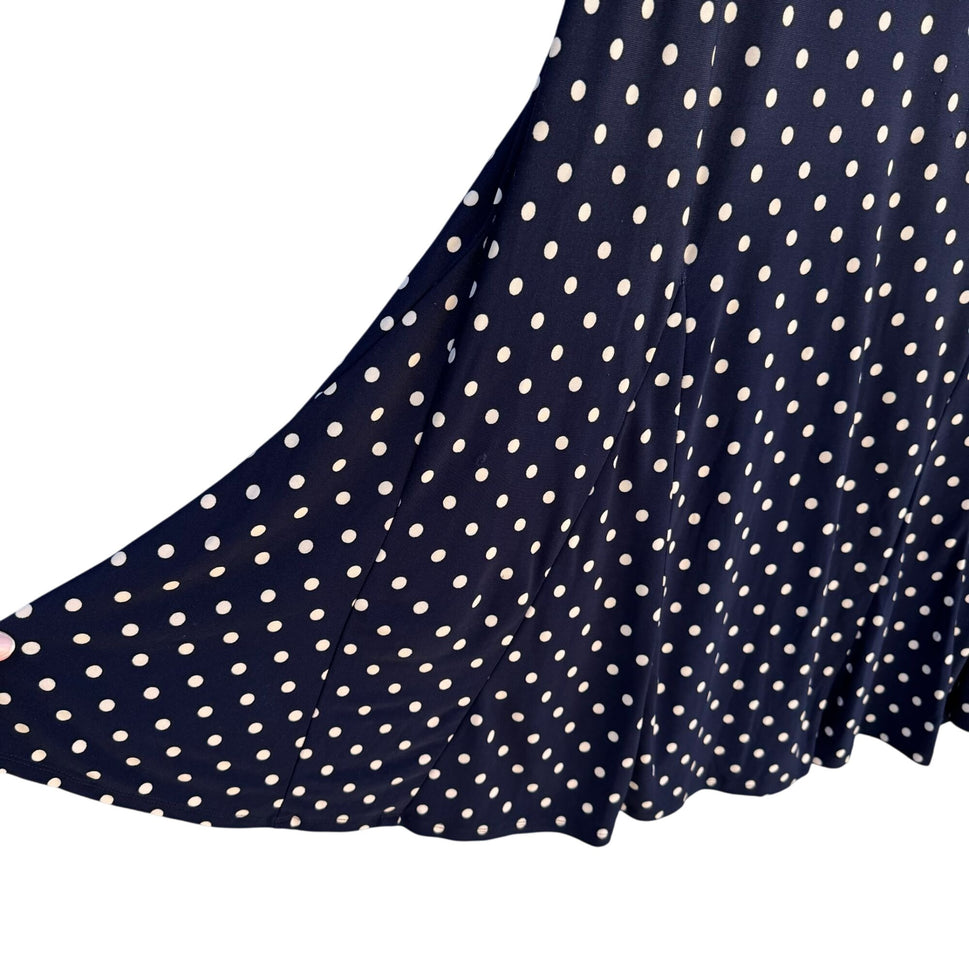 Vintage Womens Preppy Navy Jersey Polka Dot Long Sleeve Full Skirt Midi Dress