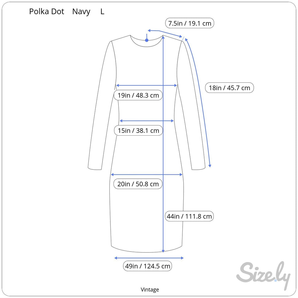 Vintage Womens Preppy Navy Jersey Polka Dot Long Sleeve Full Skirt Midi Dress