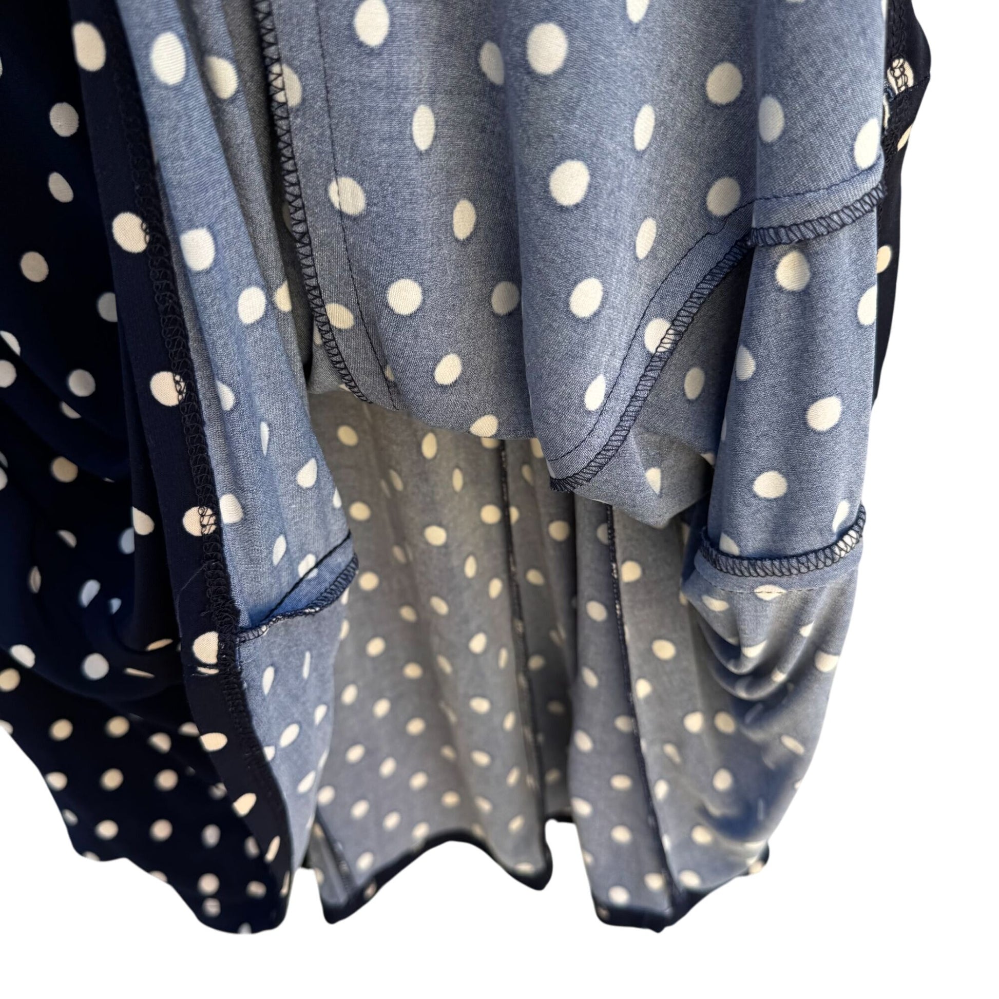 Vintage Womens Preppy Navy Jersey Polka Dot Long Sleeve Full Skirt Midi Dress