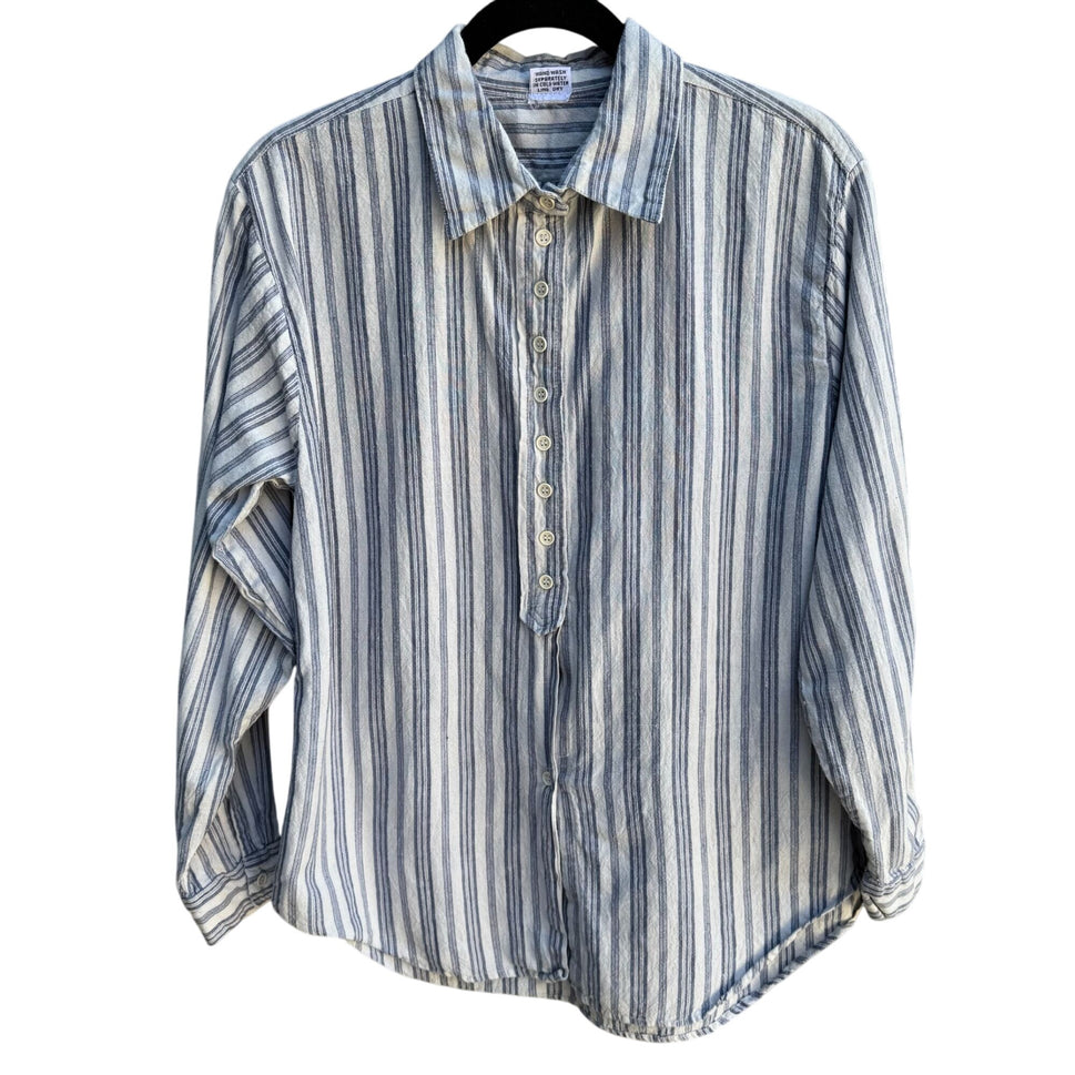 Vintage Preppy Striped Button-Down Long Sleeve Madras Cotton Tunic Shirt L