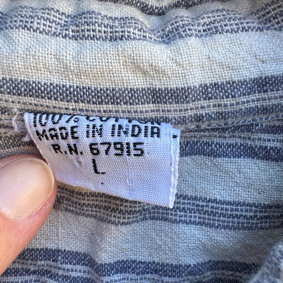 Vintage Preppy Striped Button-Down Long Sleeve Madras Cotton Tunic Shirt L