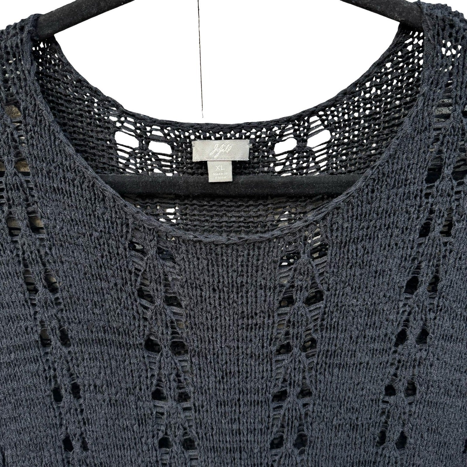 J. Jill Black Silk Blend Open Knit Pointelle Sweater 3/4 Sleeve Womens XL Boho