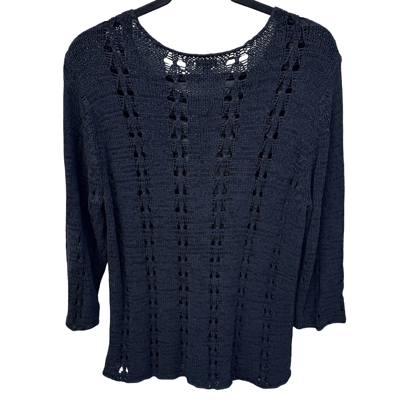 J. Jill Black Silk Blend Open Knit Pointelle Sweater 3/4 Sleeve Womens XL Boho