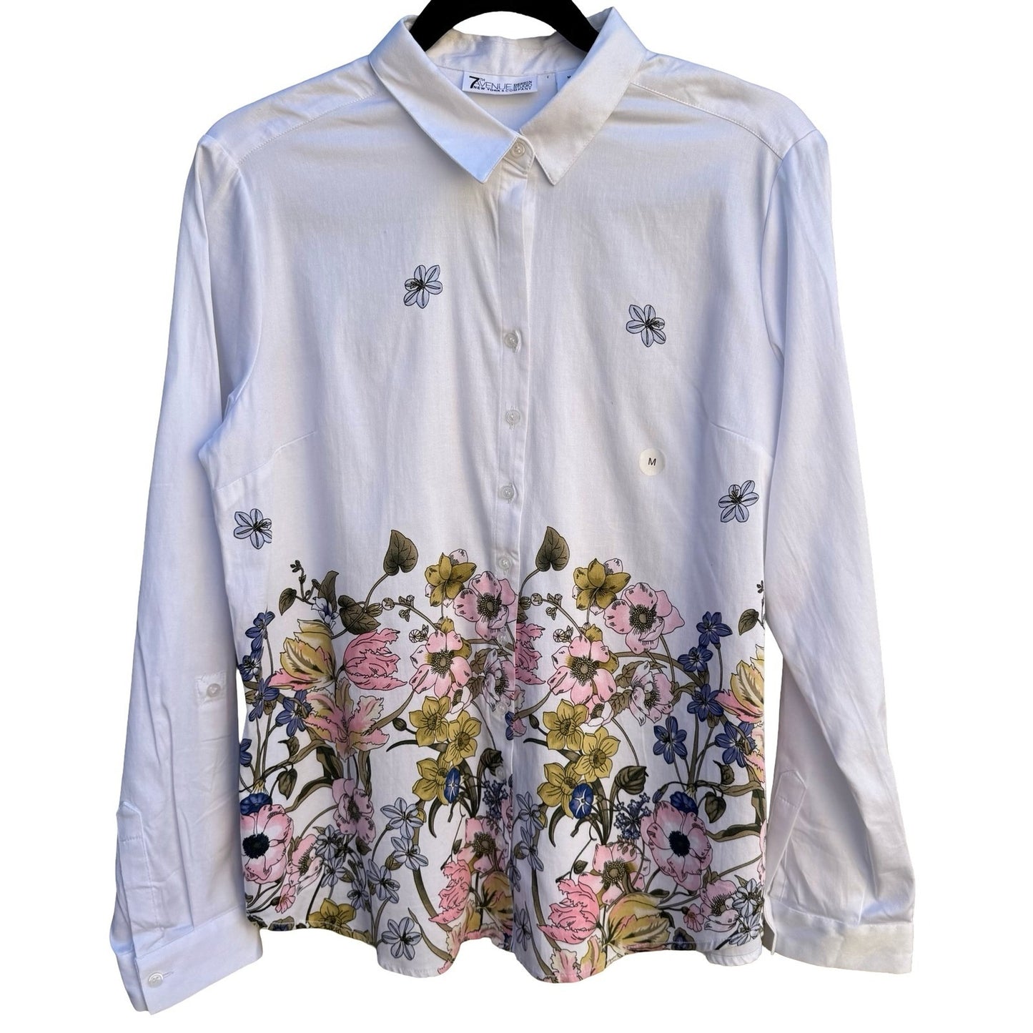 New York & Company 7th Avenue White Floral Border Print Button Down Shirt M NEW