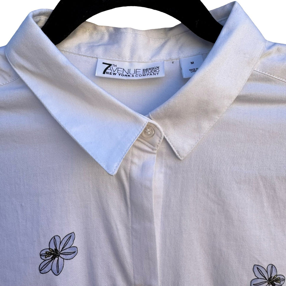 New York & Company 7th Avenue White Floral Border Print Button Down Shirt M NEW