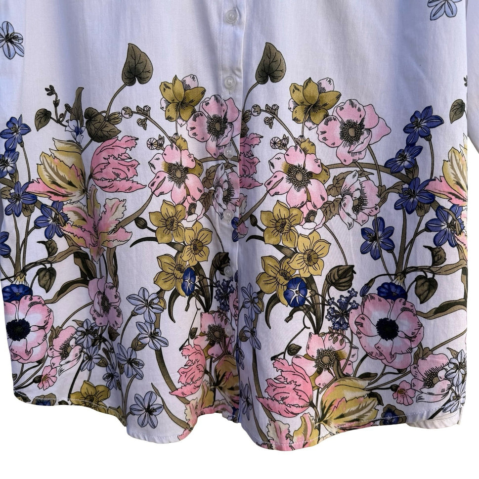 New York & Company 7th Avenue White Floral Border Print Button Down Shirt M NEW