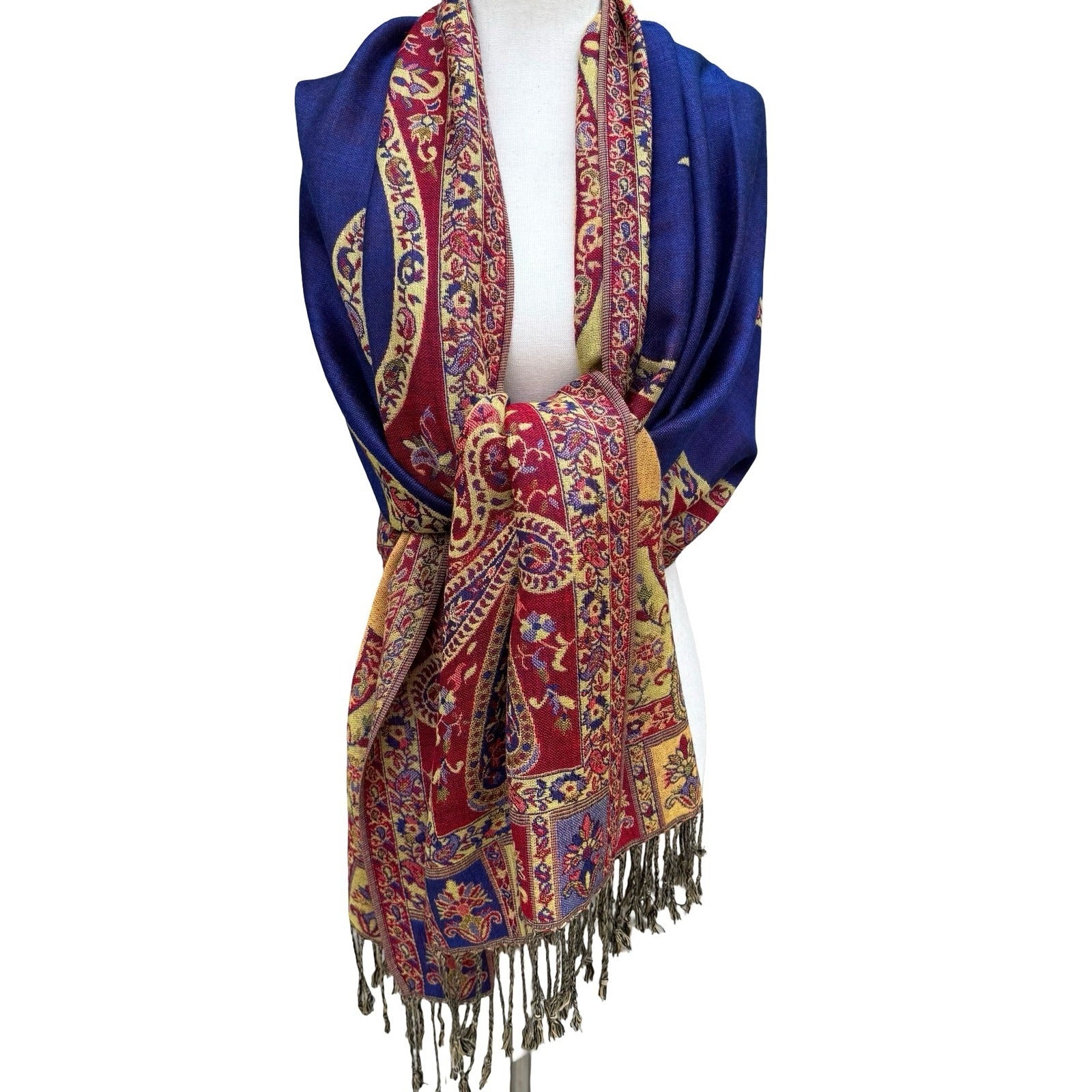Bellissima Accessories Paisley Jacquard Scarf Blue Red Fringed Pashmina Wrap NEW