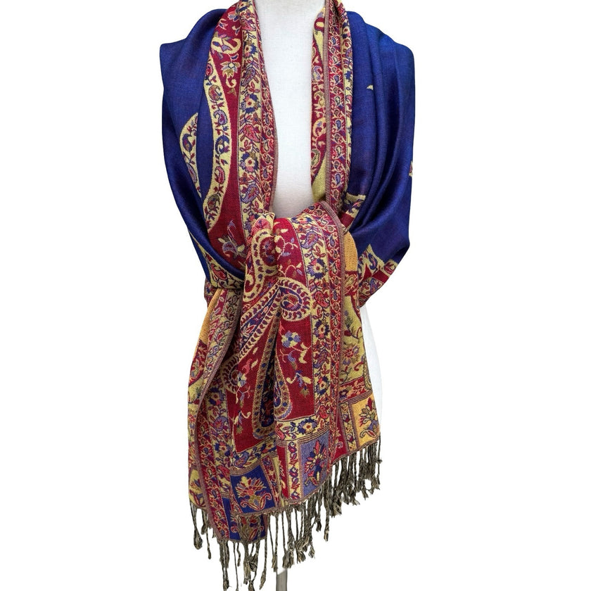 Bellissima Accessories Paisley Jacquard Scarf Blue Red Fringed Pashmina Wrap NEW