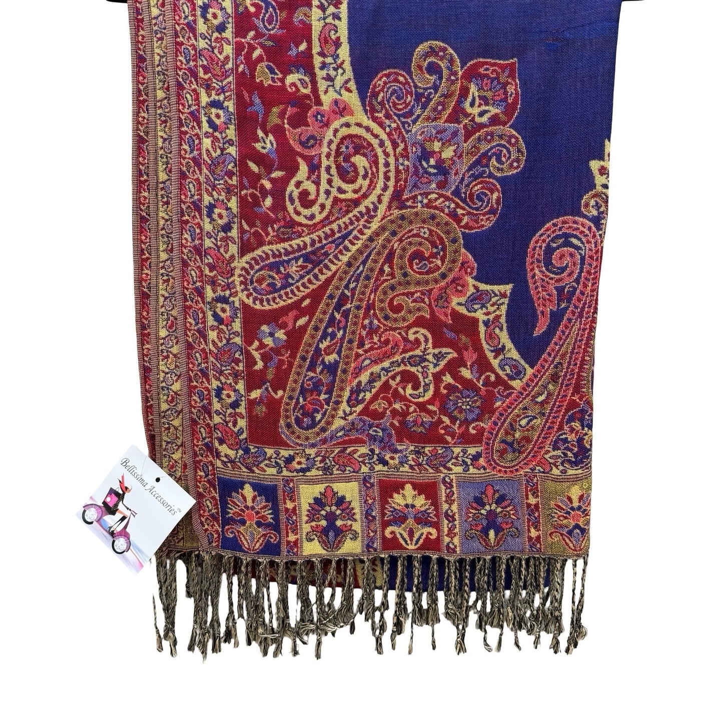 Bellissima Accessories Paisley Jacquard Scarf Blue Red Fringed Pashmina Wrap NEW