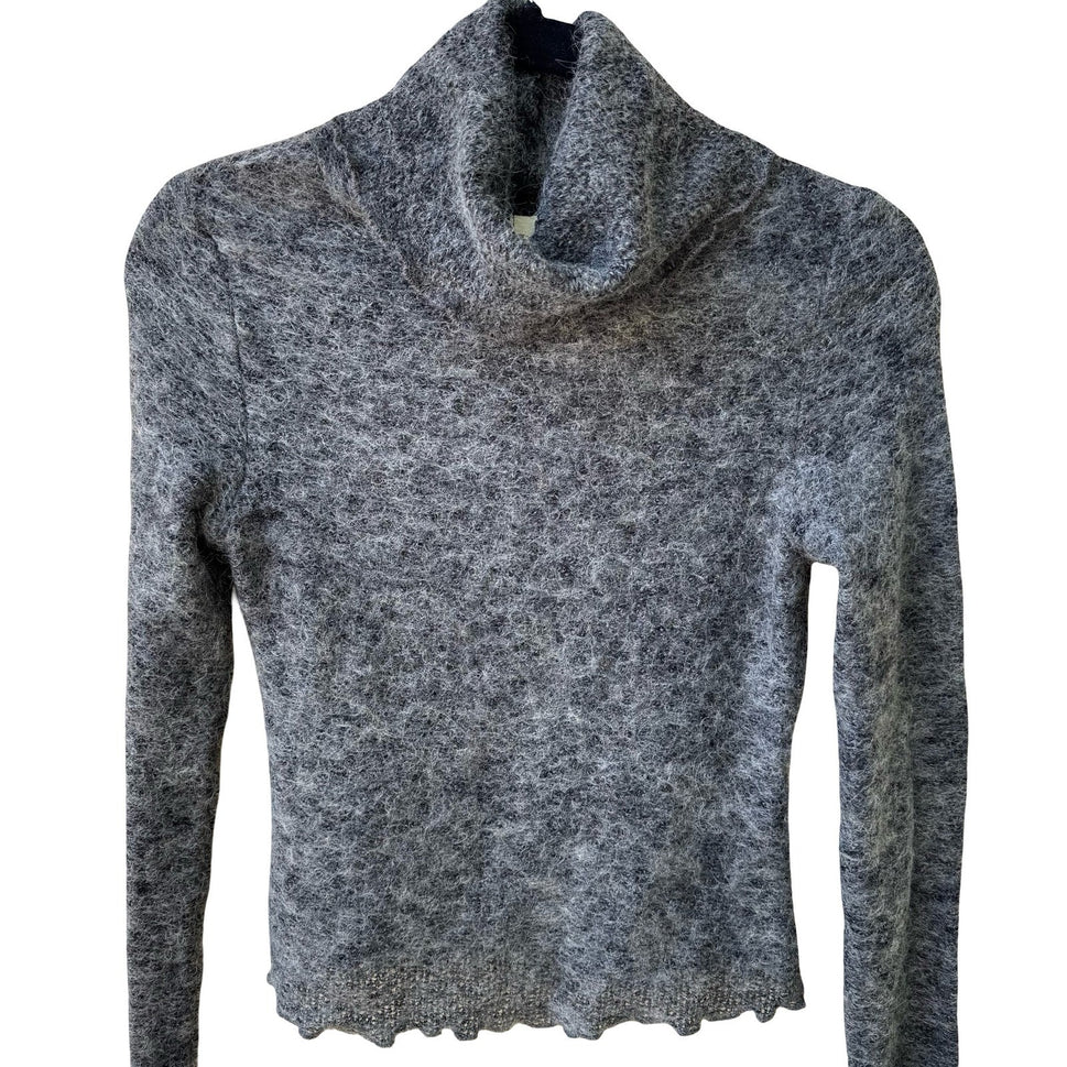 Doki-Geki Y2K Minimalist Fuzzy Knit Semi Sheer Slim Fit Turtleneck Grey Sweater