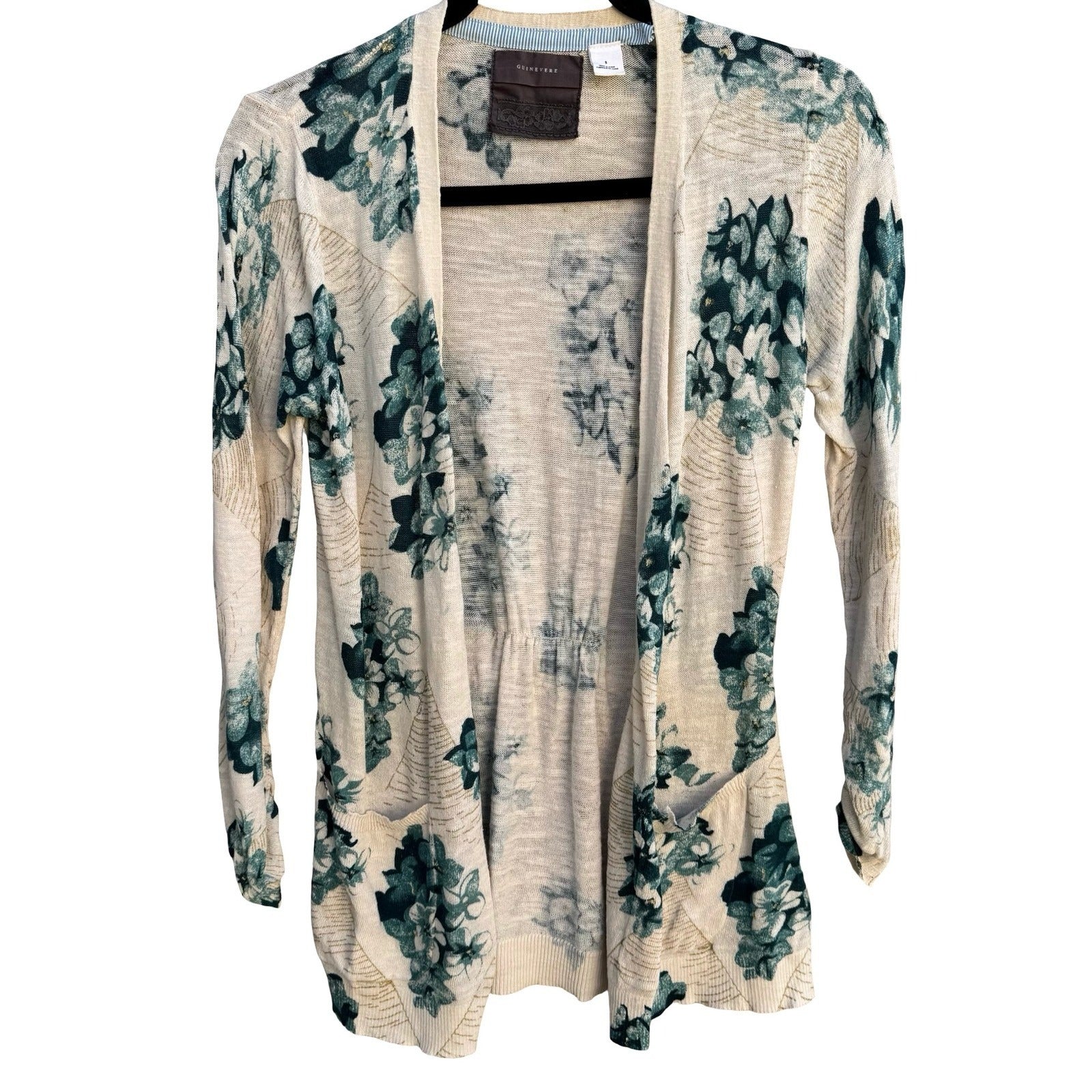 Guinevere Anthropologie Floral Open Front Cardigan Teal Gold Metallic Cottage S