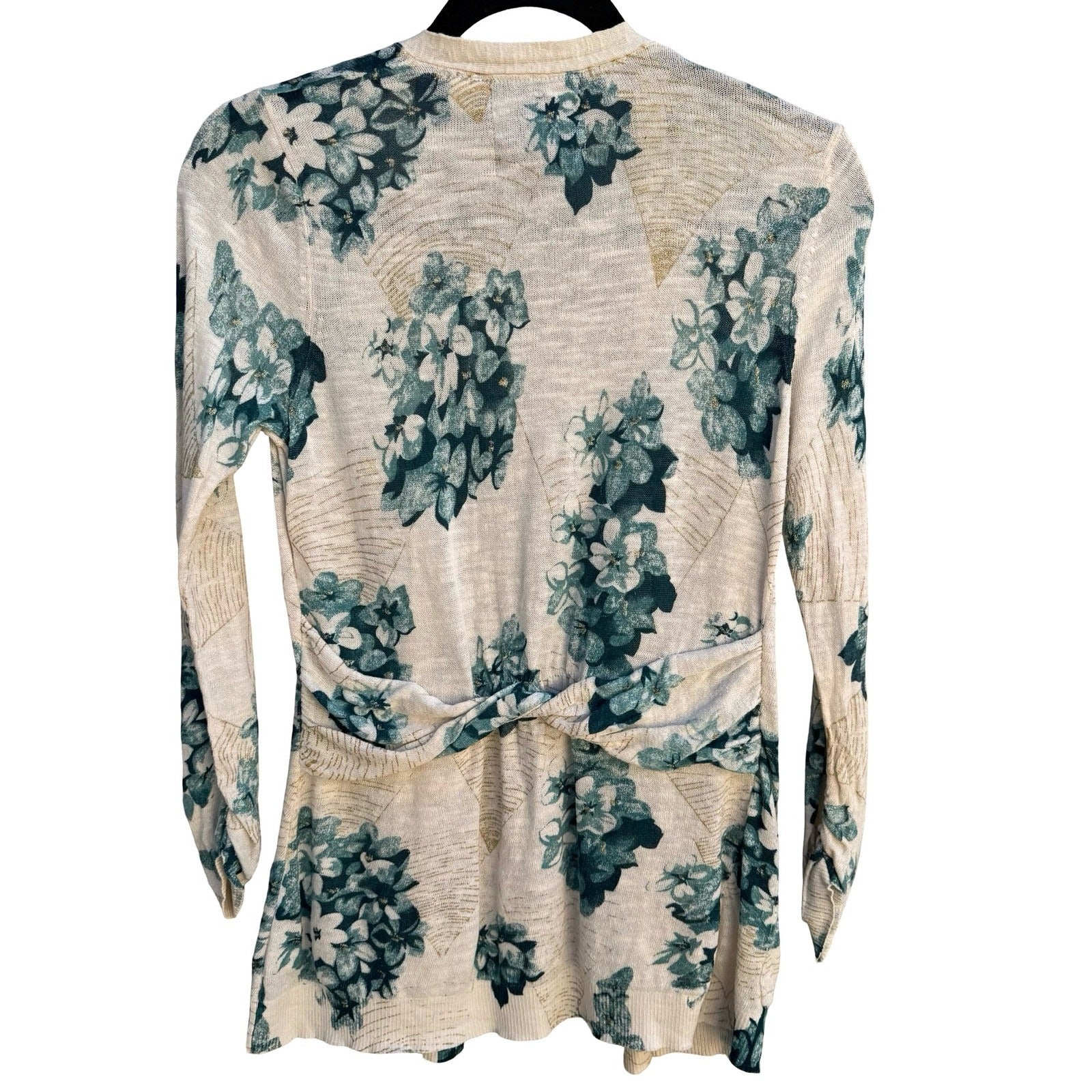 Guinevere Anthropologie Floral Open Front Cardigan Teal Gold Metallic Cottage S