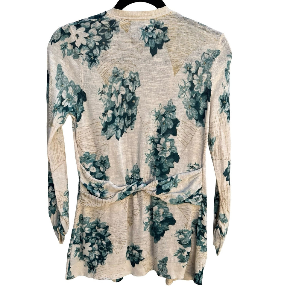 Guinevere Anthropologie Floral Open Front Cardigan Teal Gold Metallic Cottage S