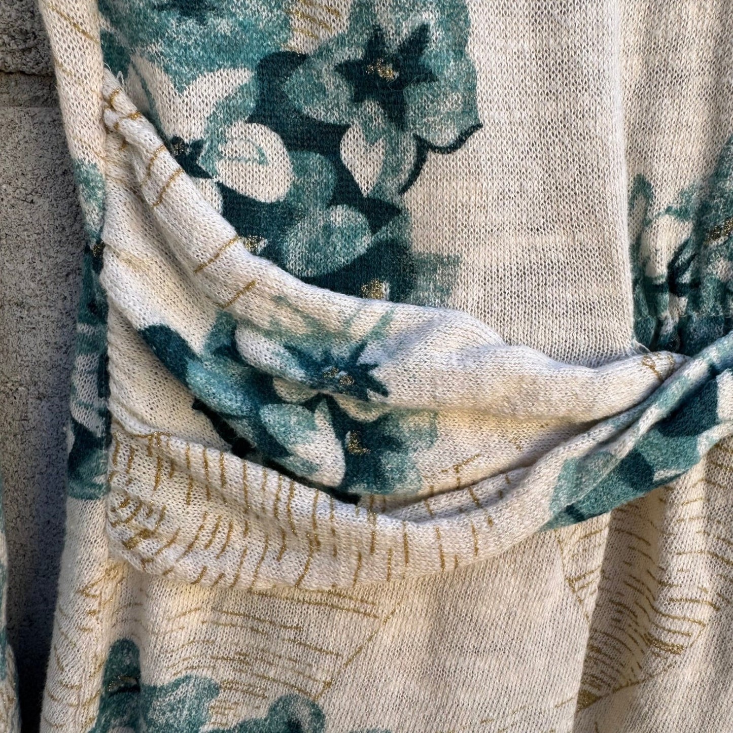 Guinevere Anthropologie Floral Open Front Cardigan Teal Gold Metallic Cottage S