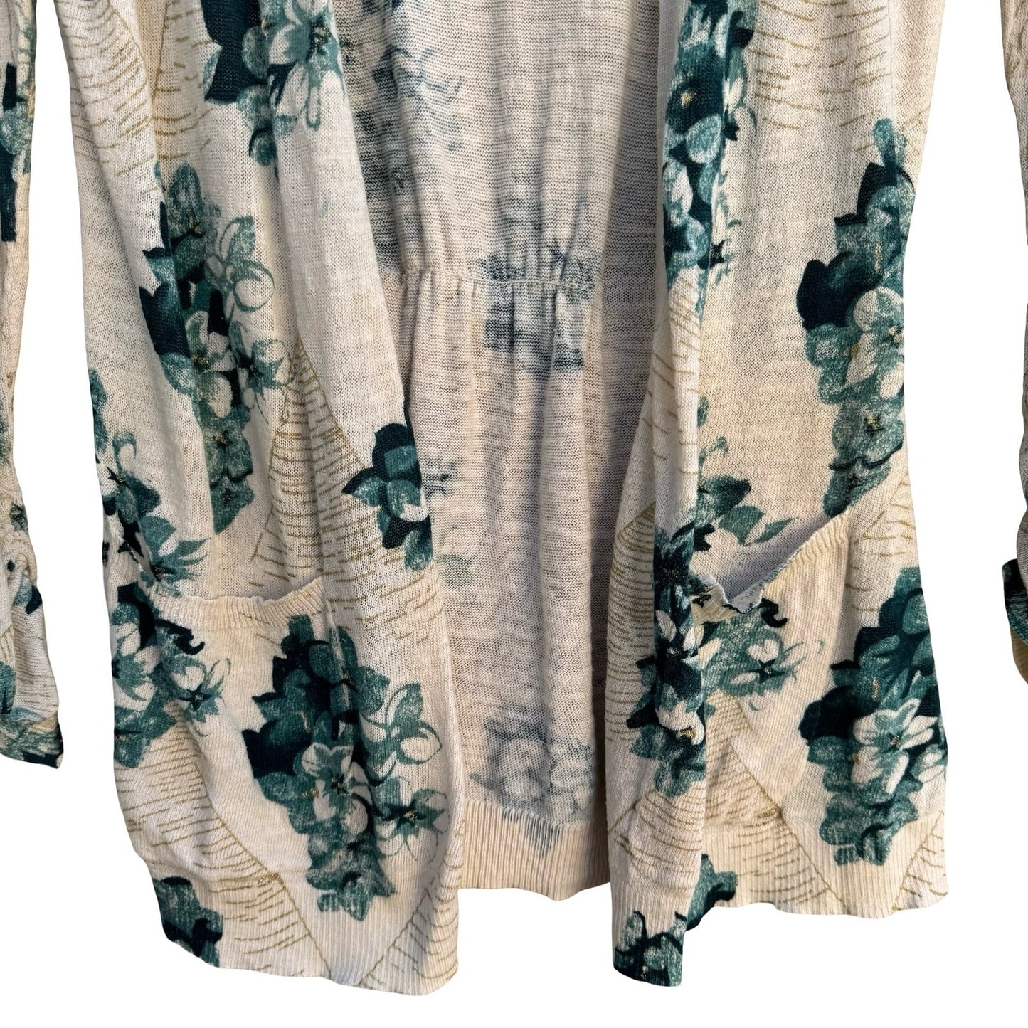 Guinevere Anthropologie Floral Open Front Cardigan Teal Gold Metallic Cottage S
