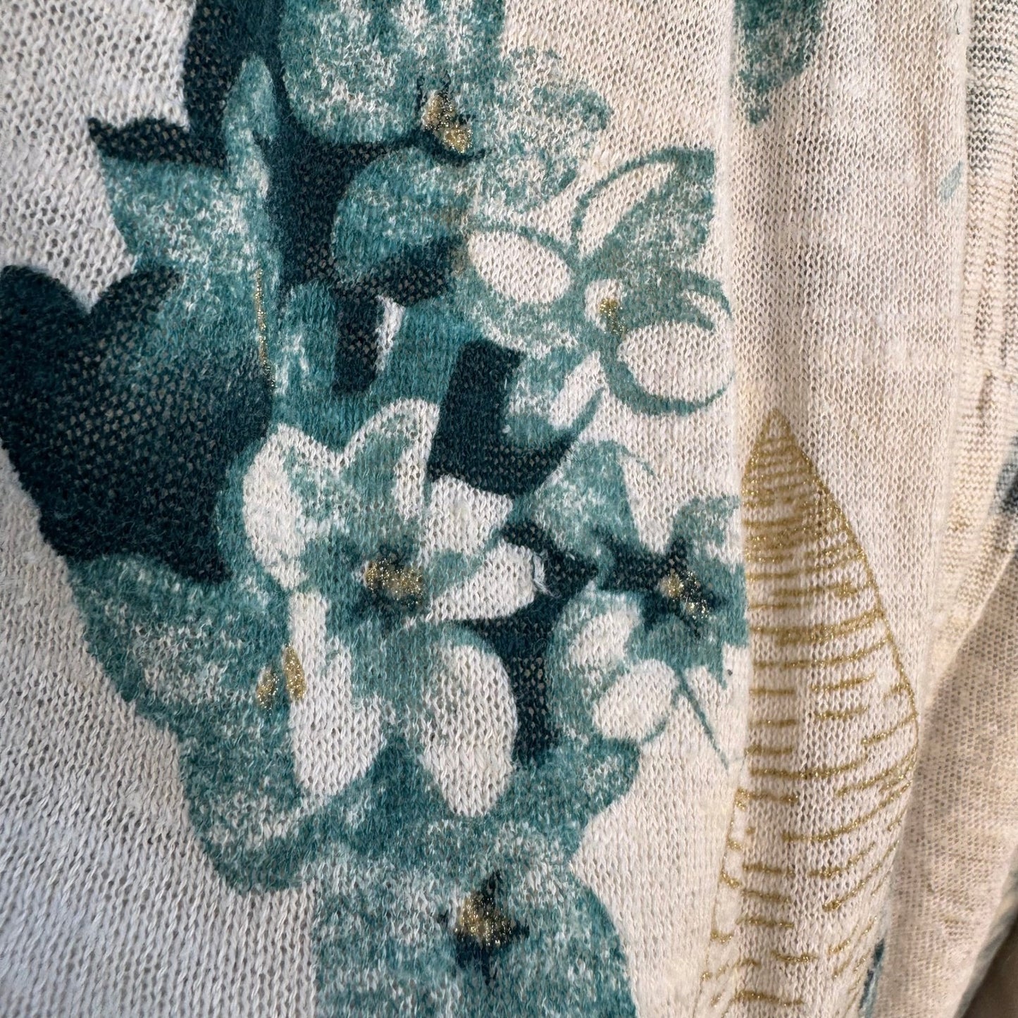 Guinevere Anthropologie Floral Open Front Cardigan Teal Gold Metallic Cottage S