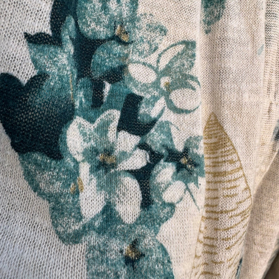 Guinevere Anthropologie Floral Open Front Cardigan Teal Gold Metallic Cottage S