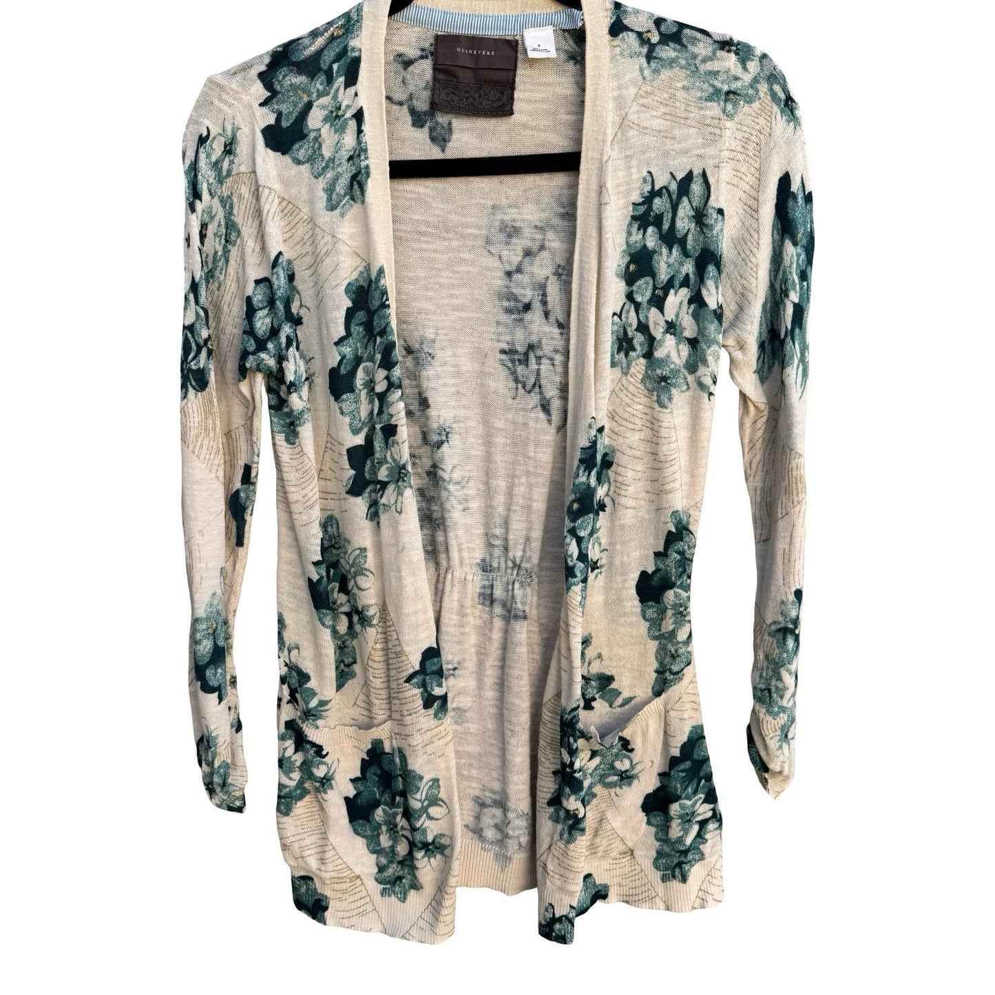 Guinevere Anthropologie Floral Open Front Cardigan Teal Gold Metallic Cottage S