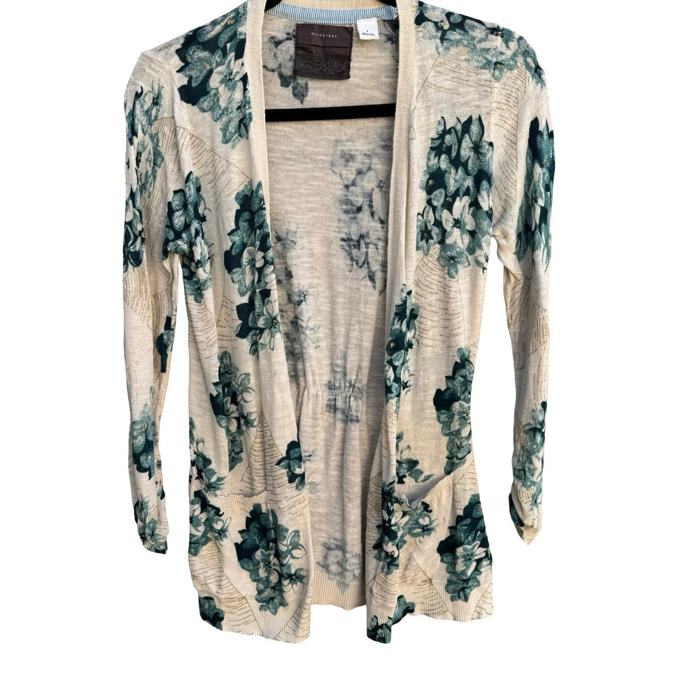 Guinevere Anthropologie Floral Open Front Cardigan Teal Gold Metallic Cottage S