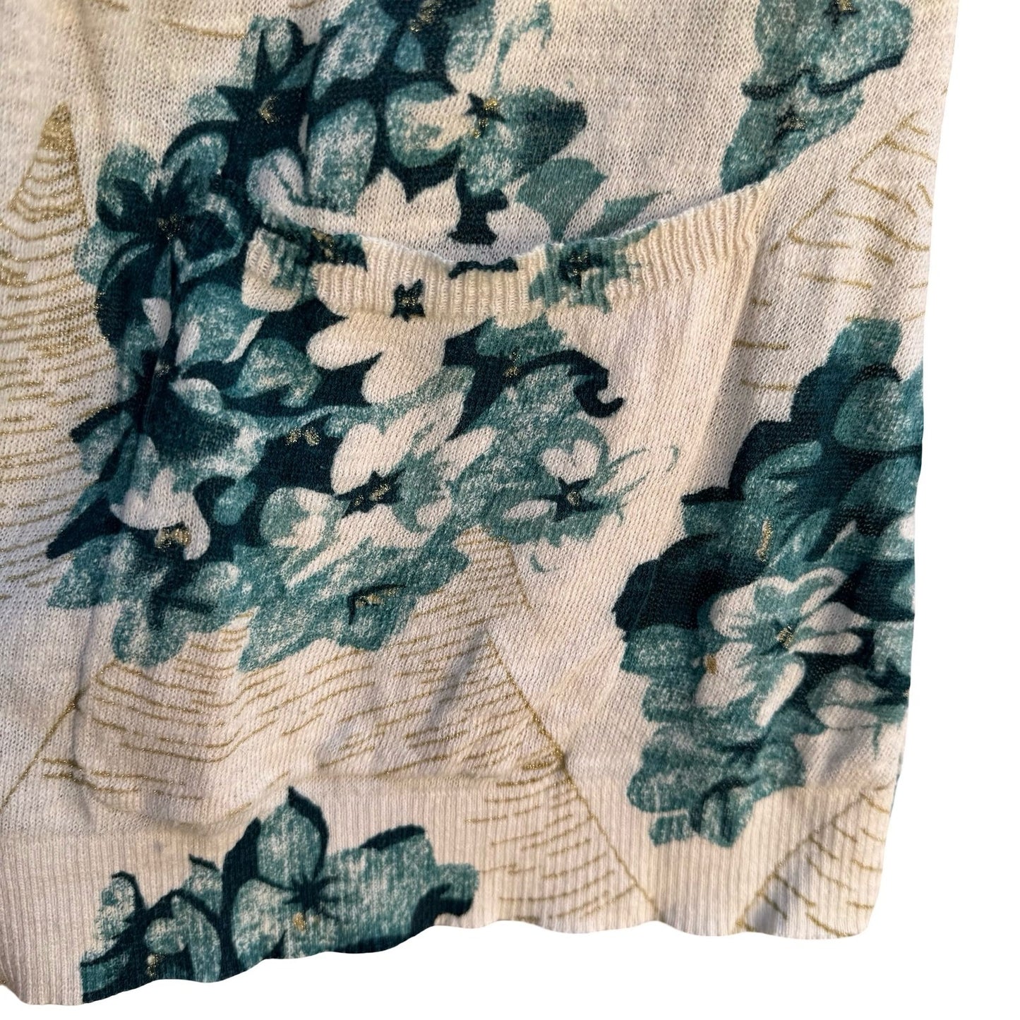Guinevere Anthropologie Floral Open Front Cardigan Teal Gold Metallic Cottage S