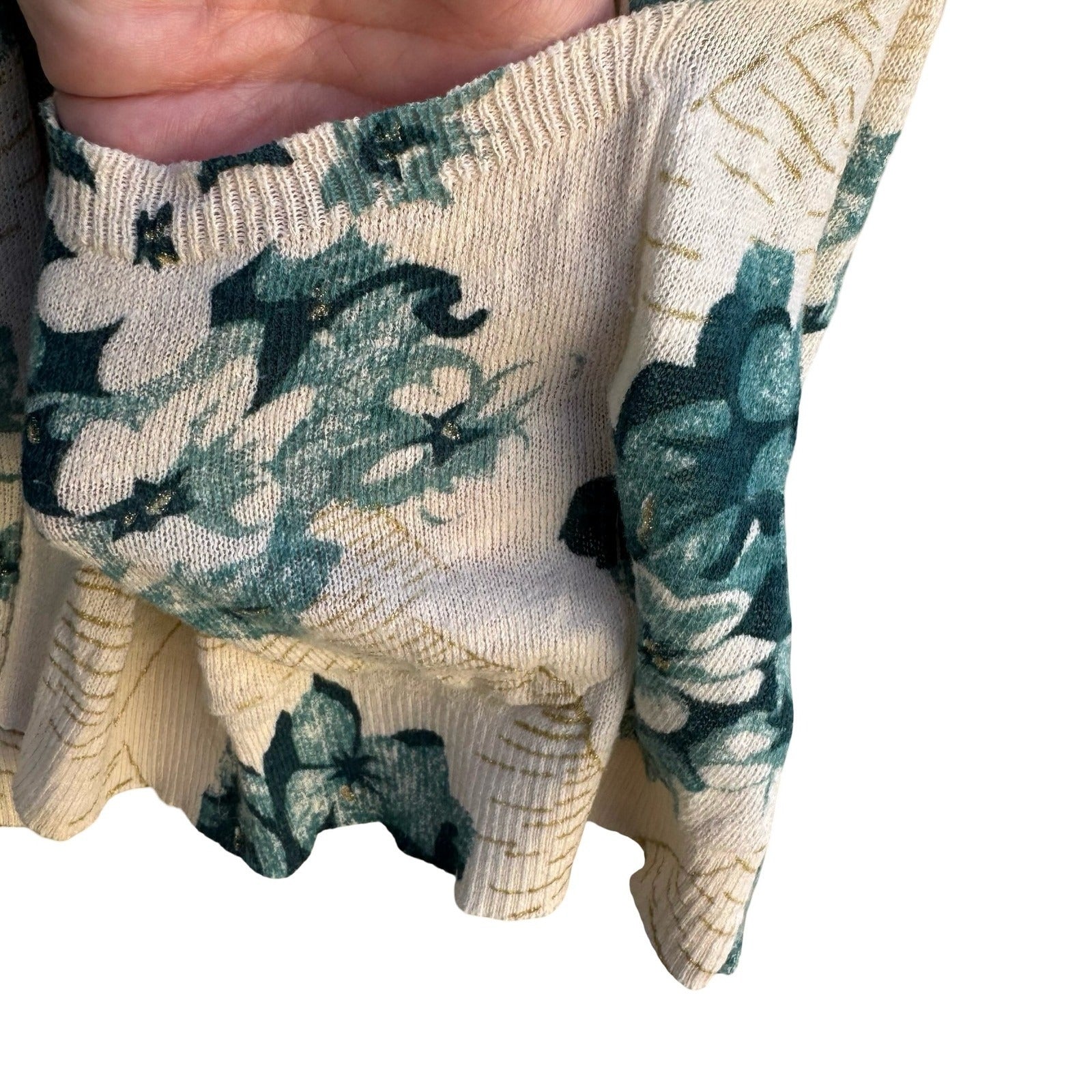 Guinevere Anthropologie Floral Open Front Cardigan Teal Gold Metallic Cottage S