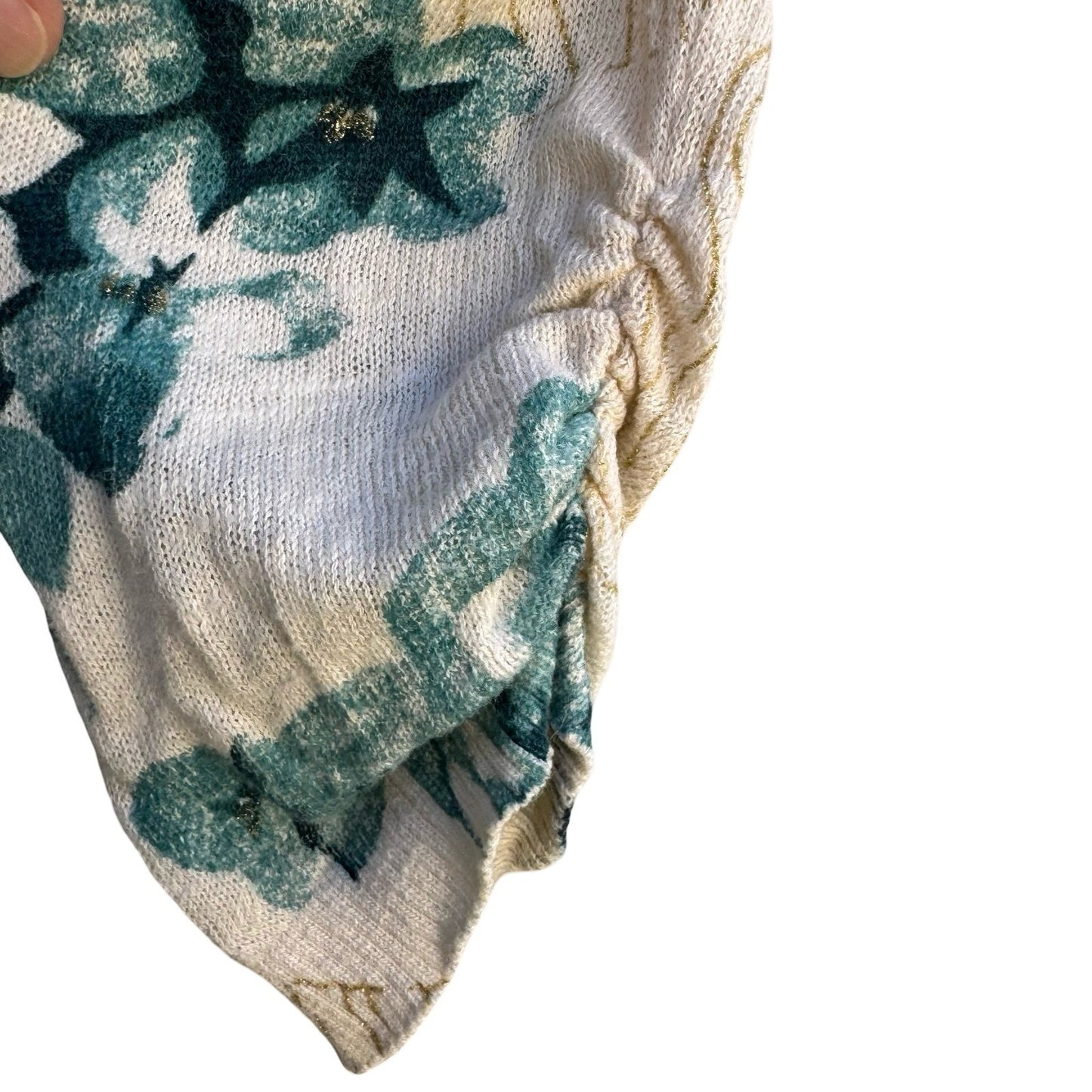 Guinevere Anthropologie Floral Open Front Cardigan Teal Gold Metallic Cottage S