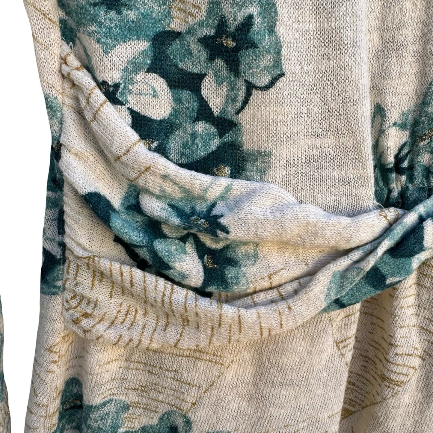 Guinevere Anthropologie Floral Open Front Cardigan Teal Gold Metallic Cottage S