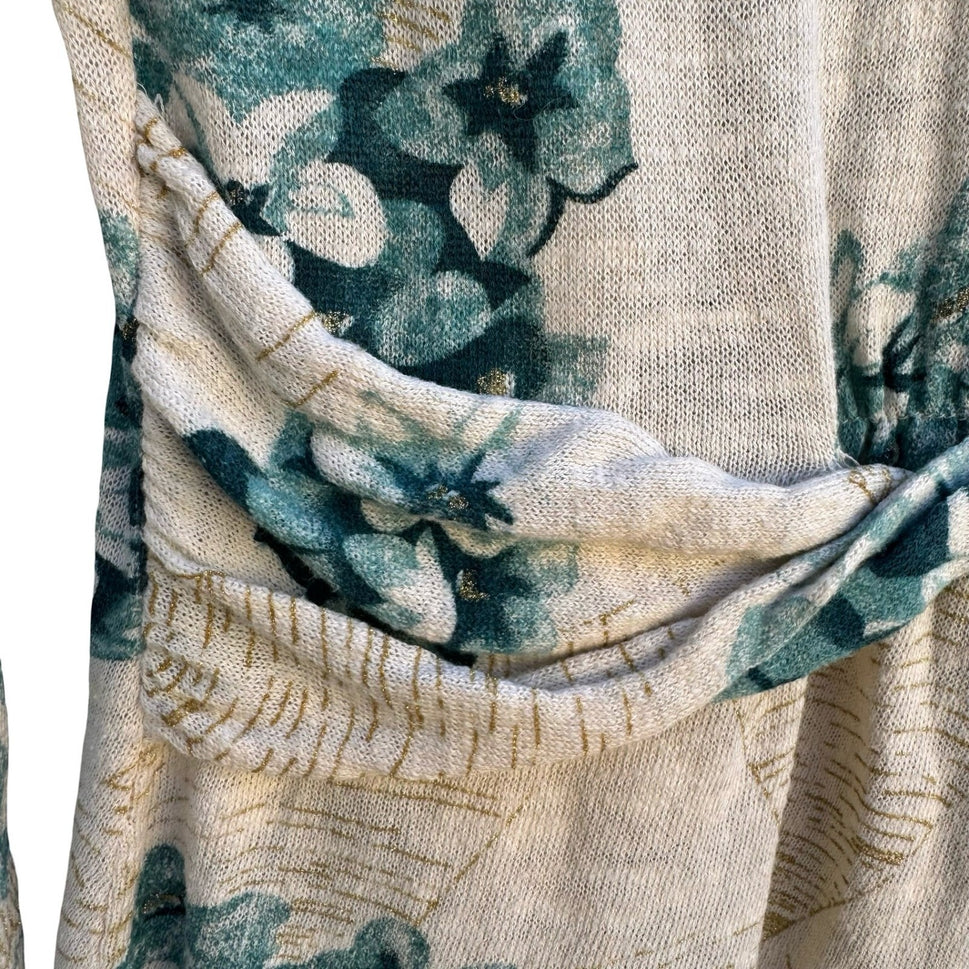 Guinevere Anthropologie Floral Open Front Cardigan Teal Gold Metallic Cottage S