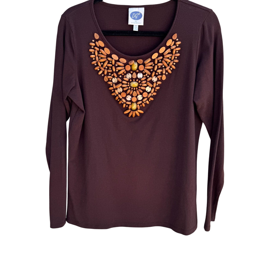 DG2 Diane Gilman Brown Long Sleeve Wooden Bead Embellishment Scoop Neck Top M