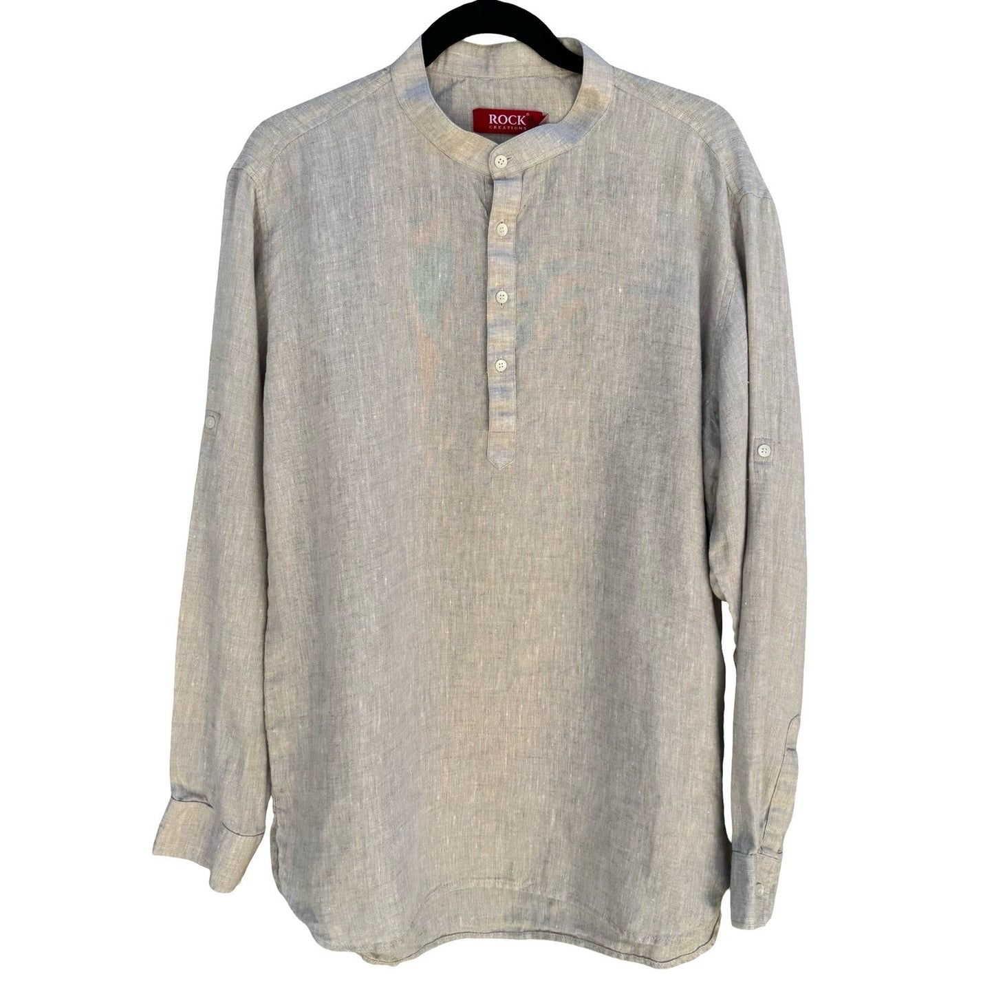 Rock Creations Linen Blend Band Collar Roll Tab Sleeve Tunic Top Tan L Coastal