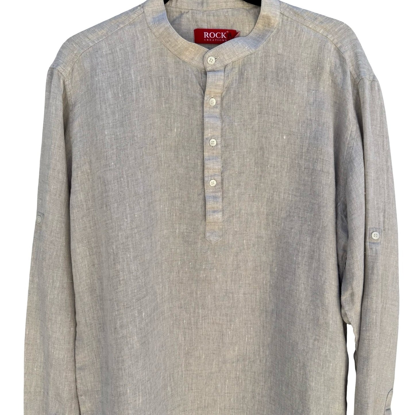 Rock Creations Linen Blend Band Collar Roll Tab Sleeve Tunic Top Tan L Coastal