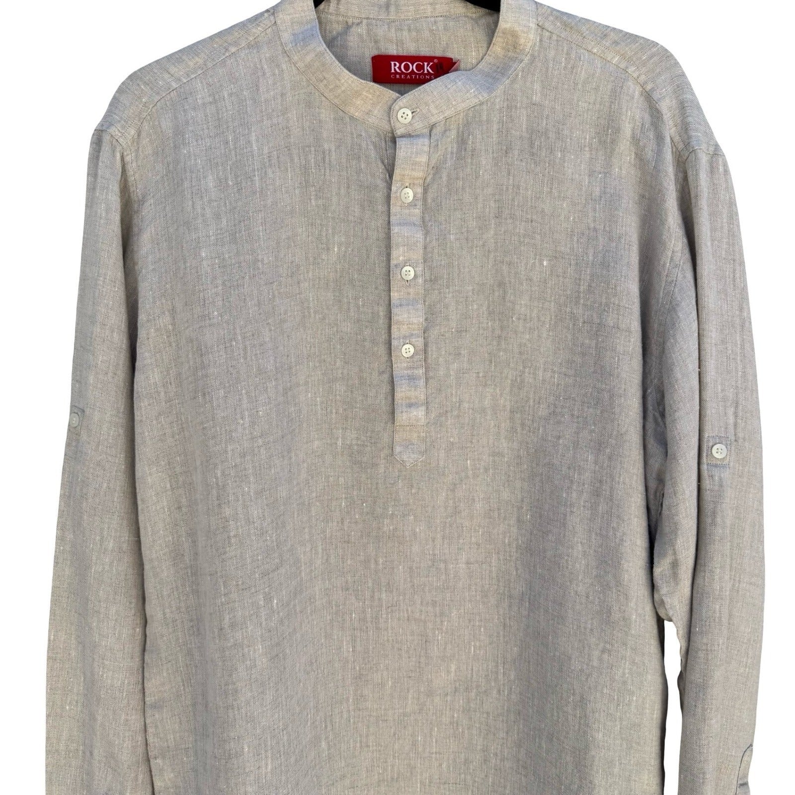 Rock Creations Linen Blend Band Collar Roll Tab Sleeve Tunic Top Tan L Coastal
