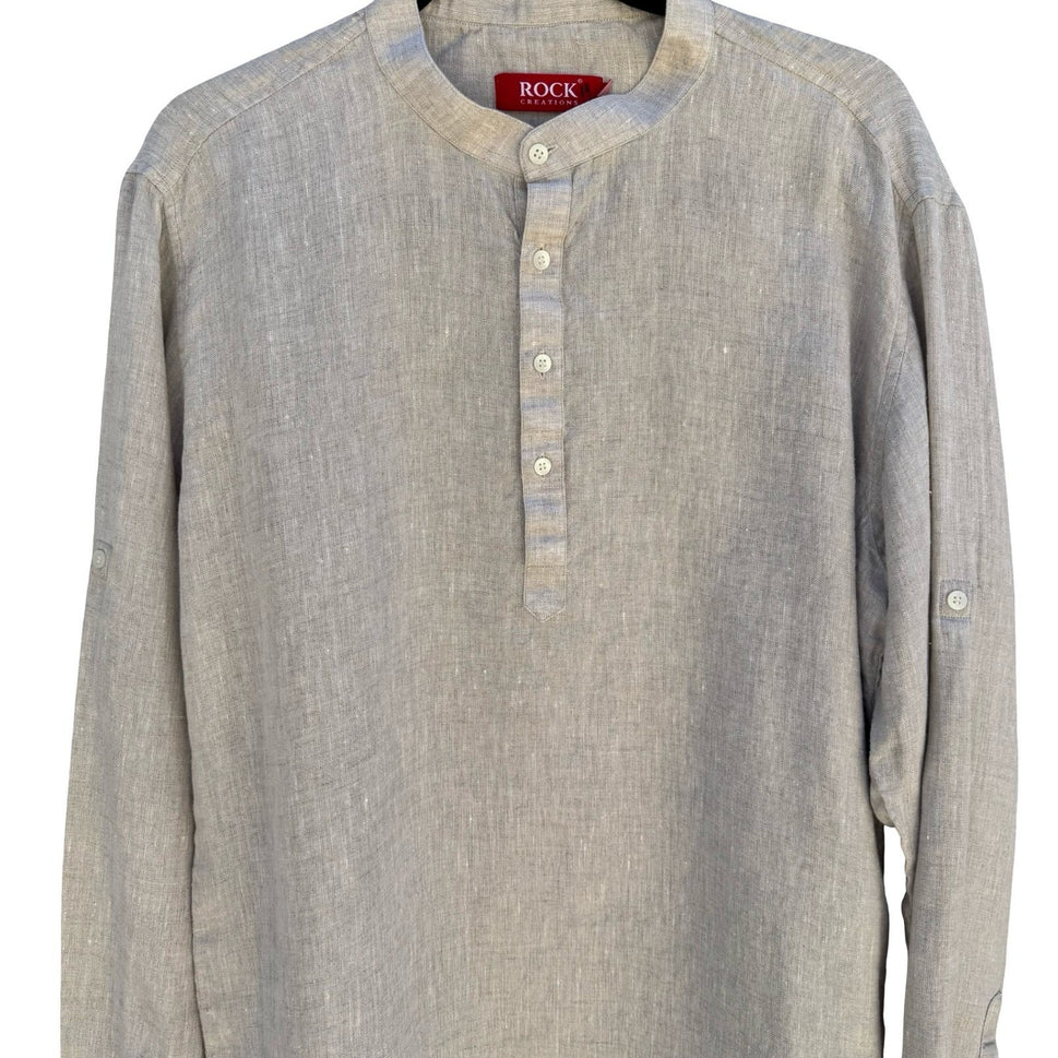 Rock Creations Linen Blend Band Collar Roll Tab Sleeve Tunic Top Tan L Coastal