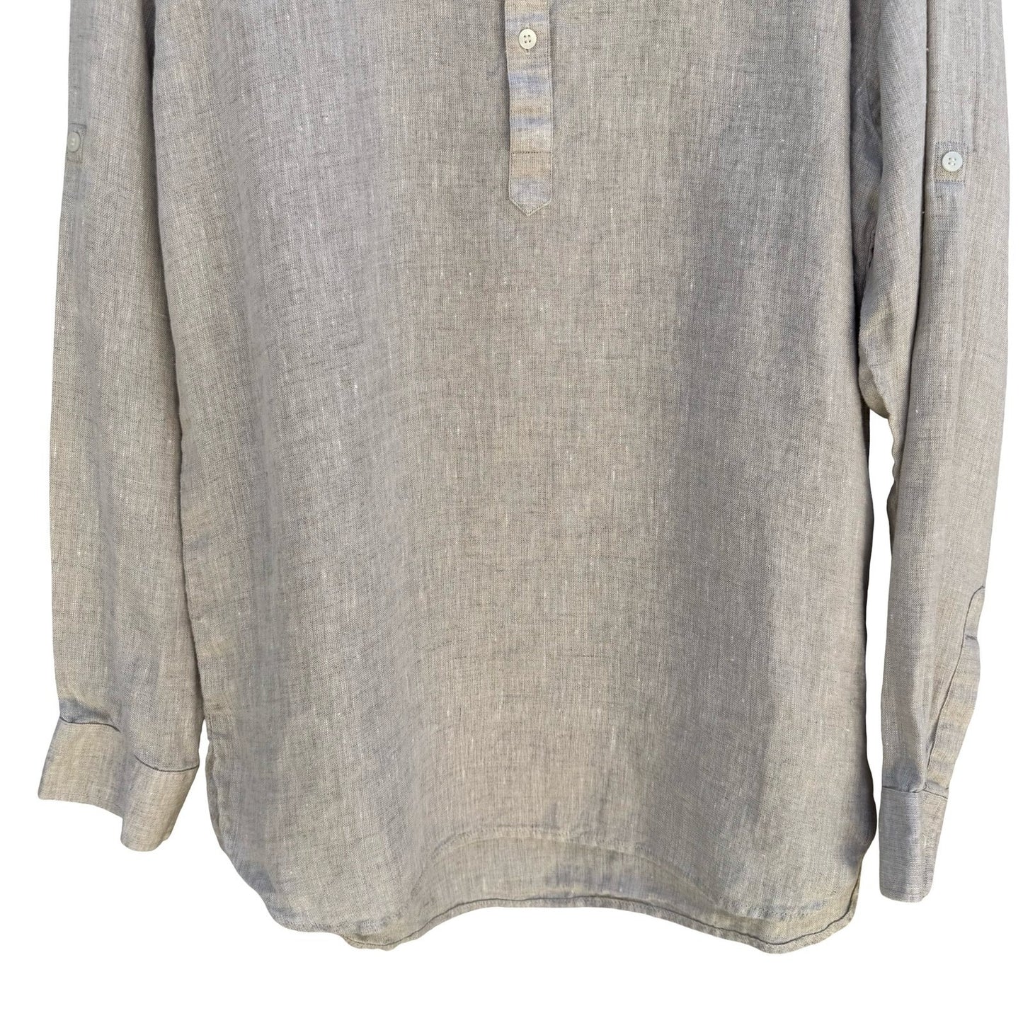 Rock Creations Linen Blend Band Collar Roll Tab Sleeve Tunic Top Tan L Coastal