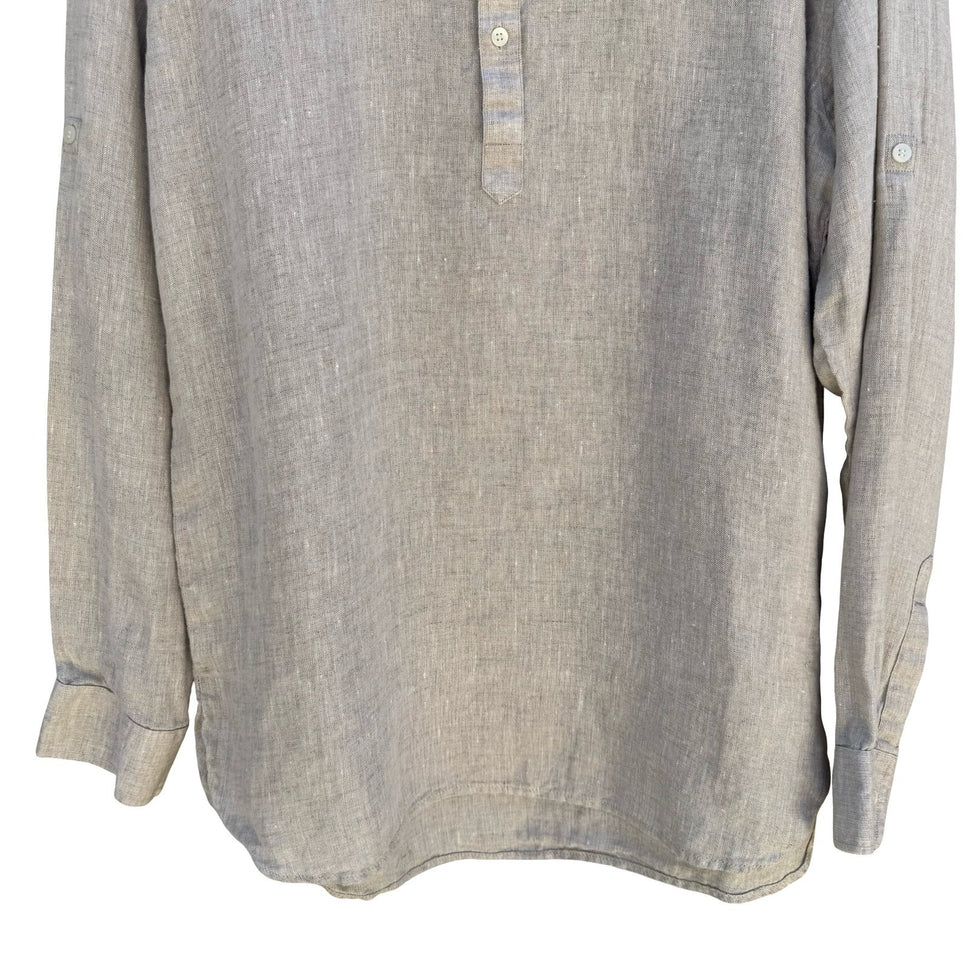 Rock Creations Linen Blend Band Collar Roll Tab Sleeve Tunic Top Tan L Coastal