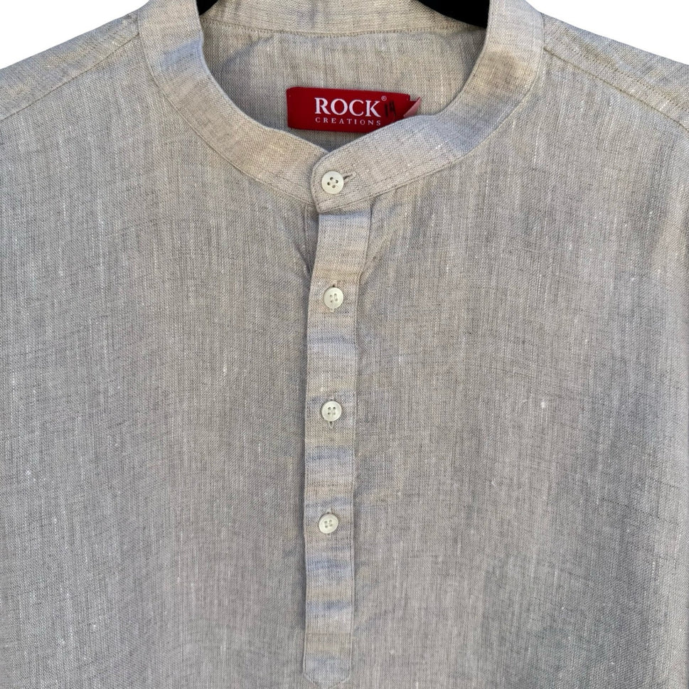 Rock Creations Linen Blend Band Collar Roll Tab Sleeve Tunic Top Tan L Coastal