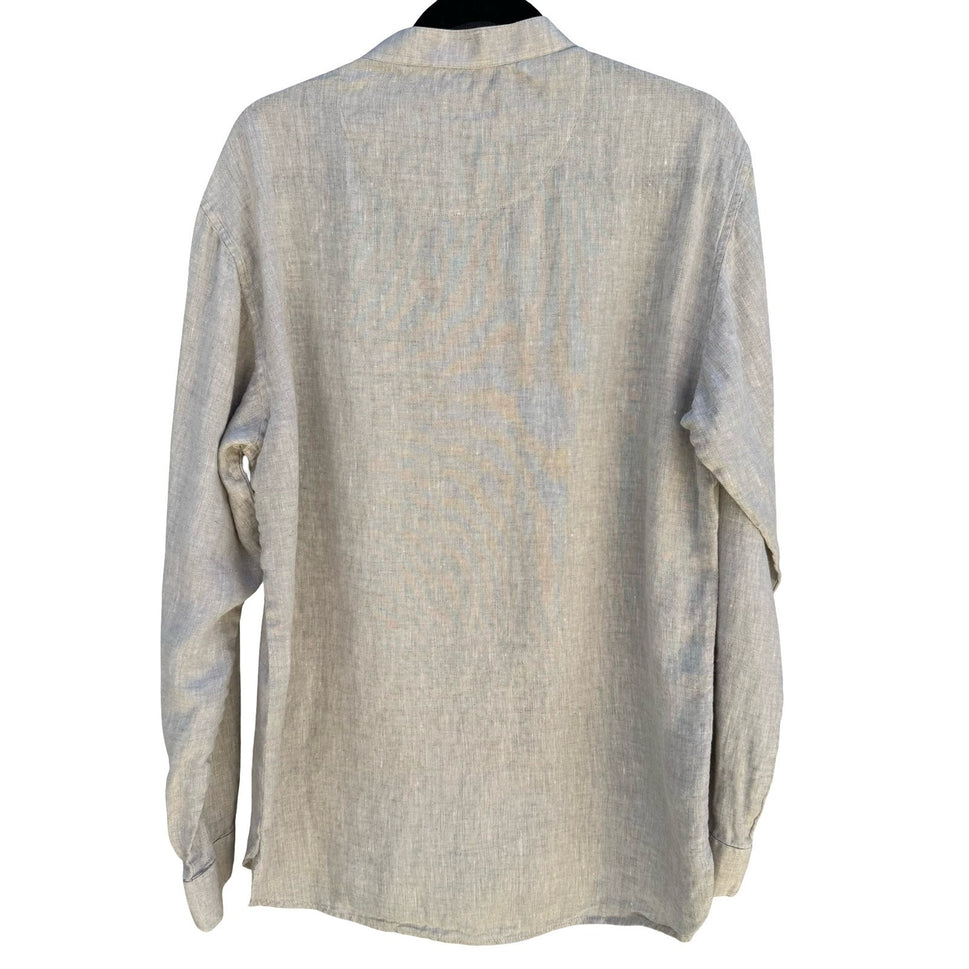Rock Creations Linen Blend Band Collar Roll Tab Sleeve Tunic Top Tan L Coastal