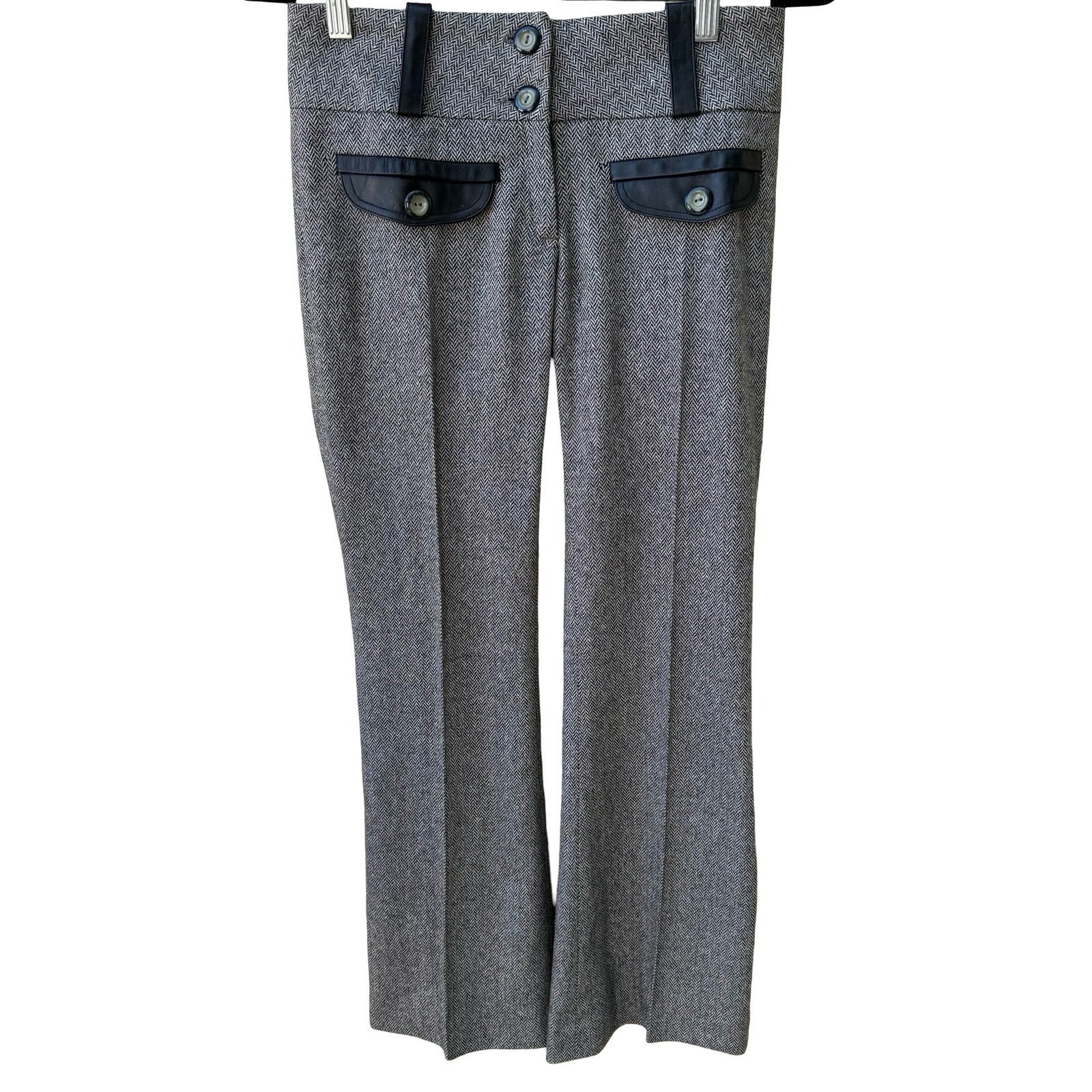 Louis Verdad Y2K Quiet Luxury Tailored Herringbone Wool Blend Leather Trim Pants