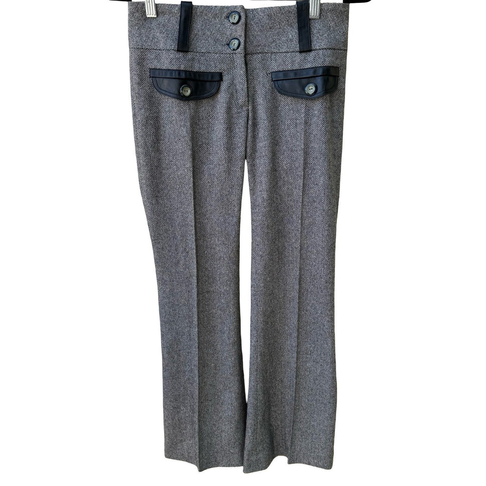 Louis Verdad Y2K Quiet Luxury Tailored Herringbone Wool Blend Leather Trim Pants