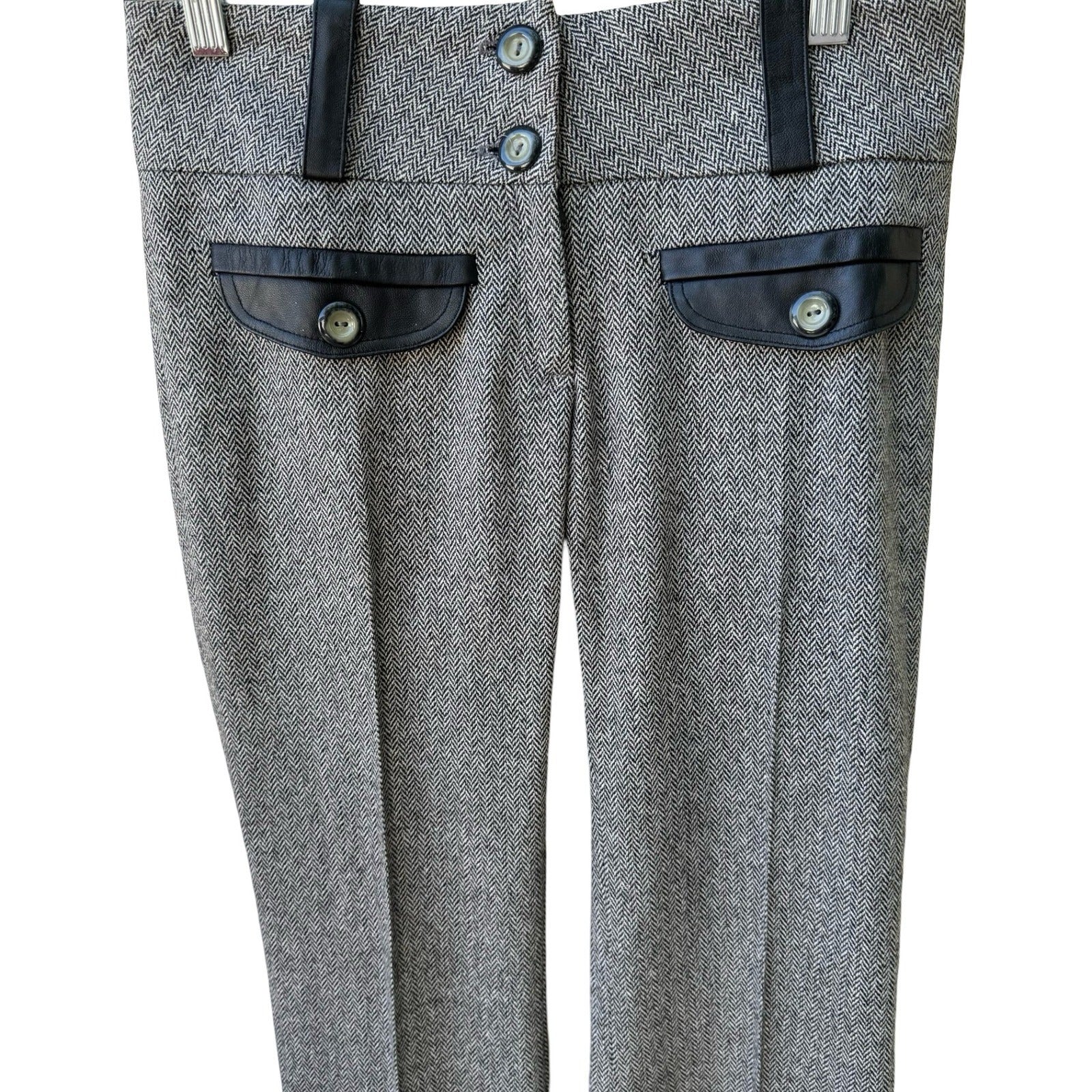 Louis Verdad Y2K Quiet Luxury Tailored Herringbone Wool Blend Leather Trim Pants