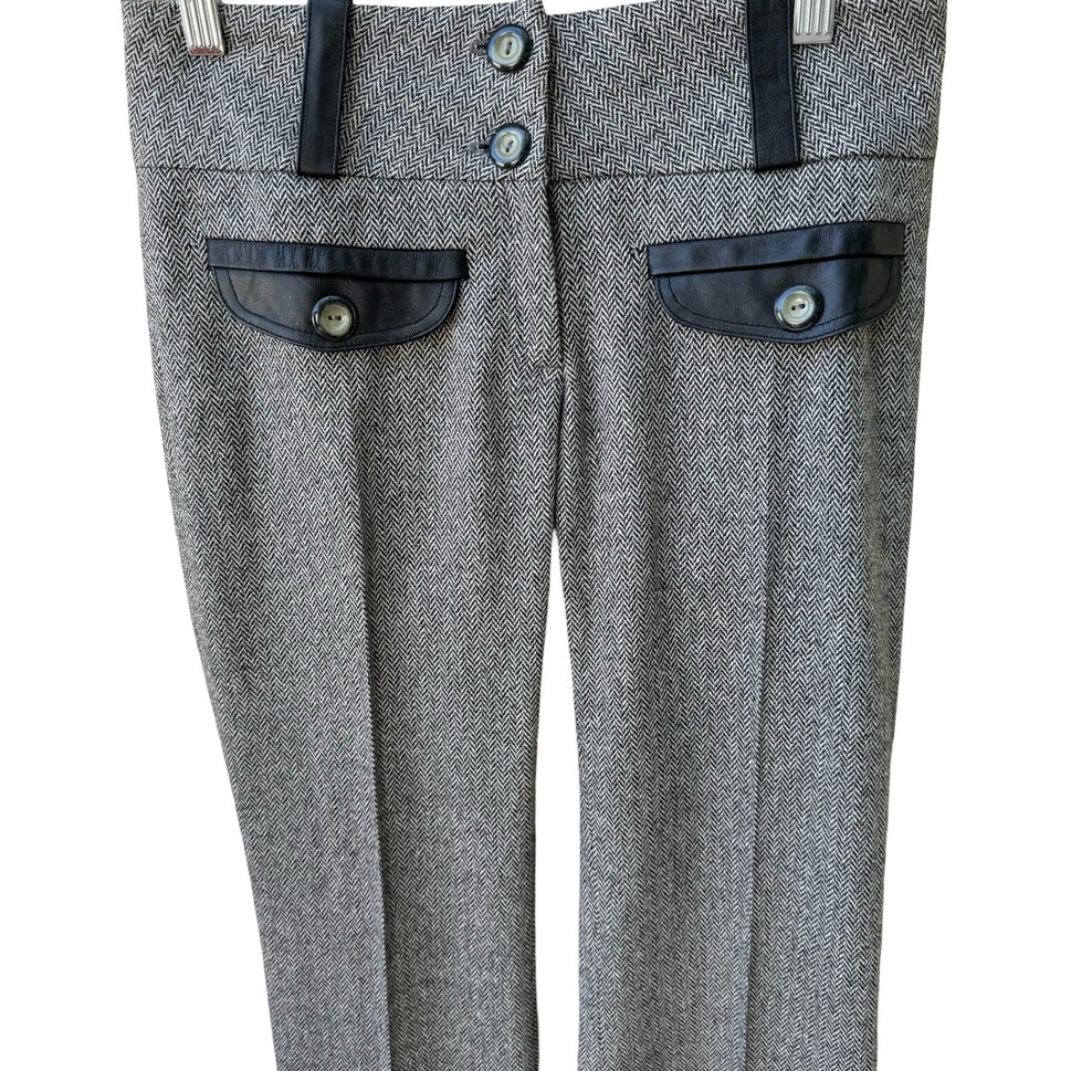 Louis Verdad Y2K Quiet Luxury Tailored Herringbone Wool Blend Leather Trim Pants