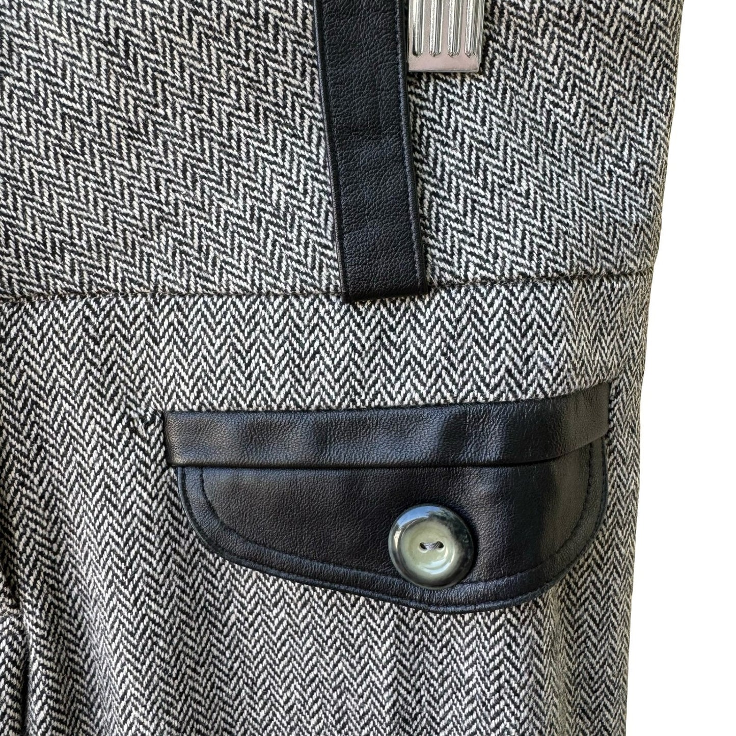Louis Verdad Y2K Quiet Luxury Tailored Herringbone Wool Blend Leather Trim Pants