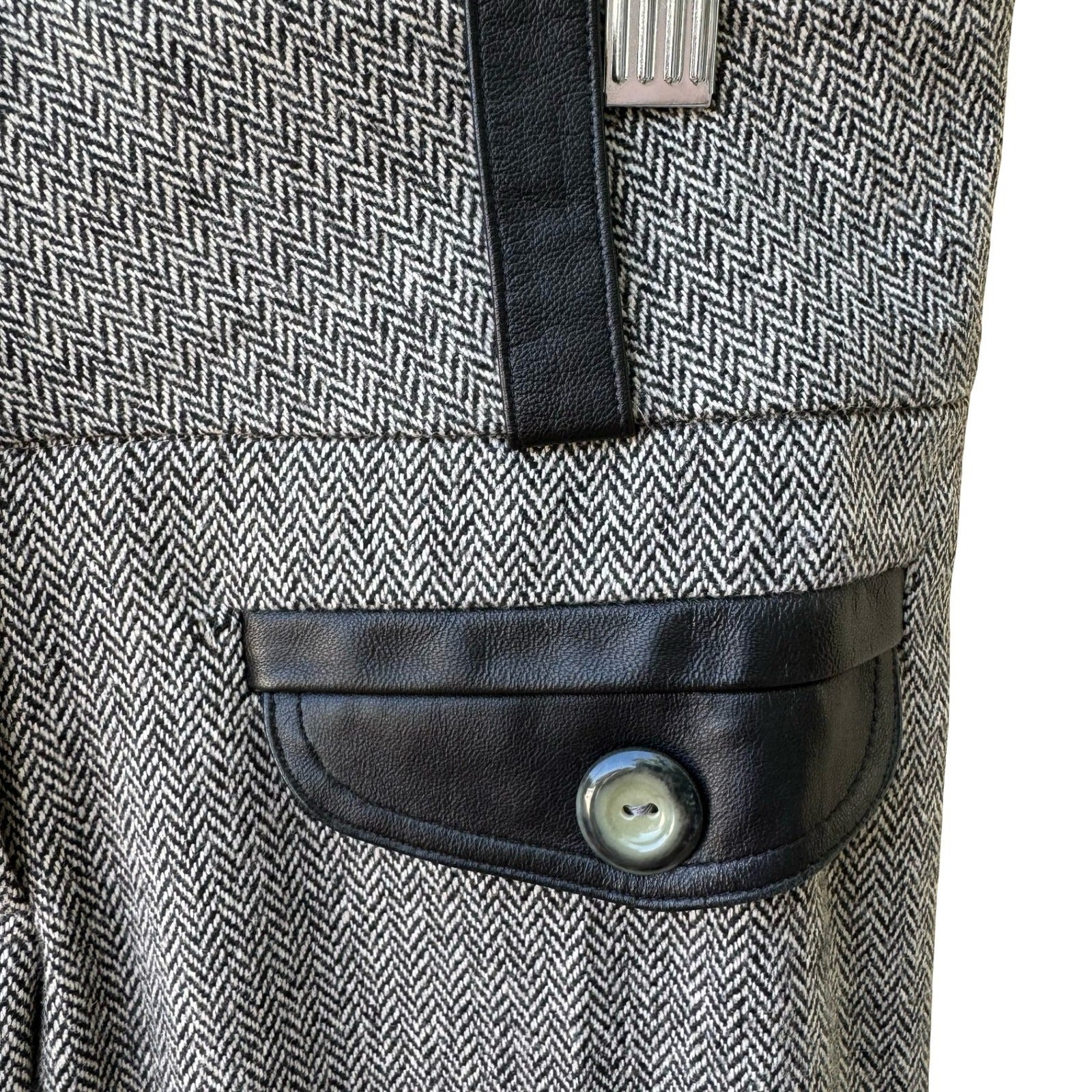 Louis Verdad Y2K Quiet Luxury Tailored Herringbone Wool Blend Leather Trim Pants