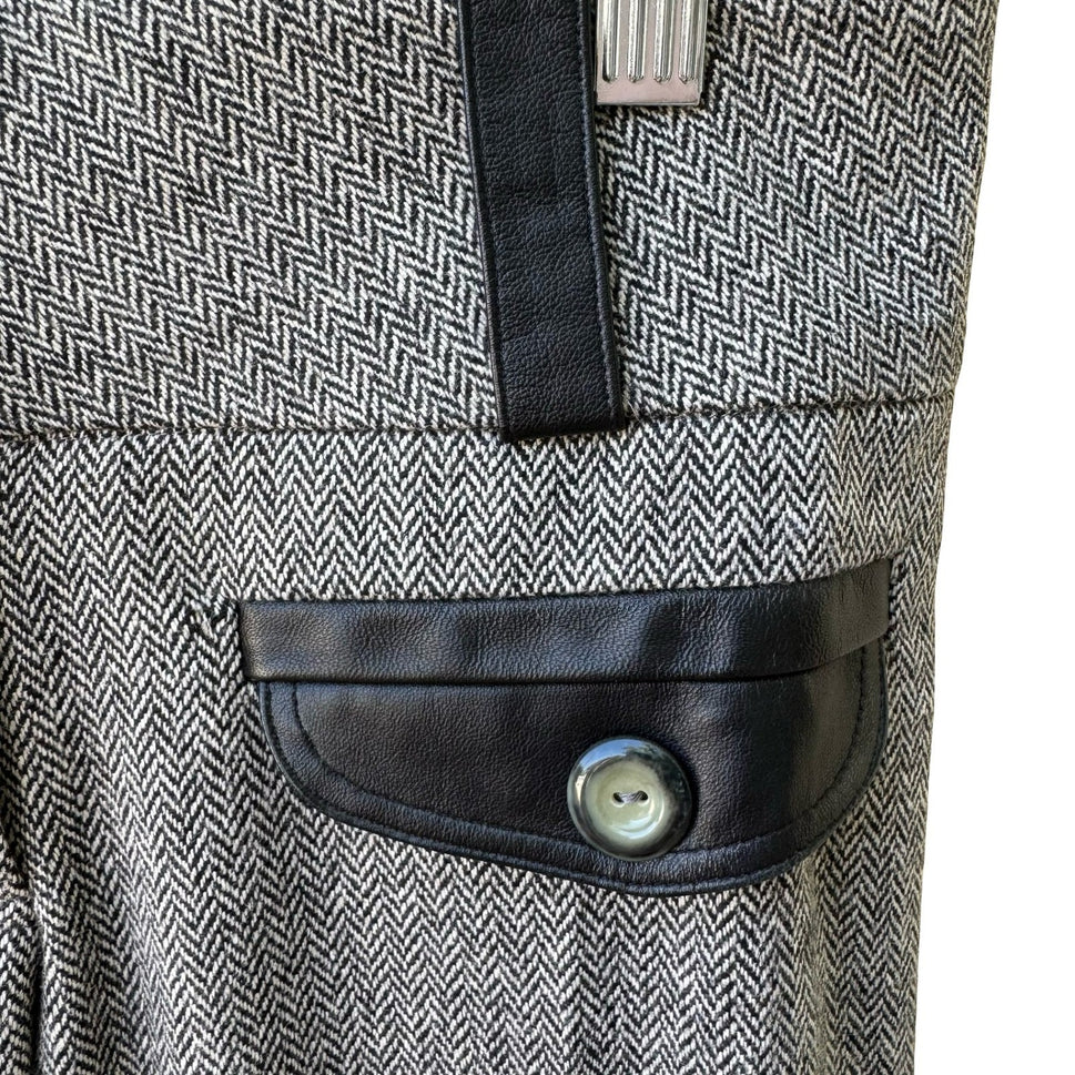 Louis Verdad Y2K Quiet Luxury Tailored Herringbone Wool Blend Leather Trim Pants