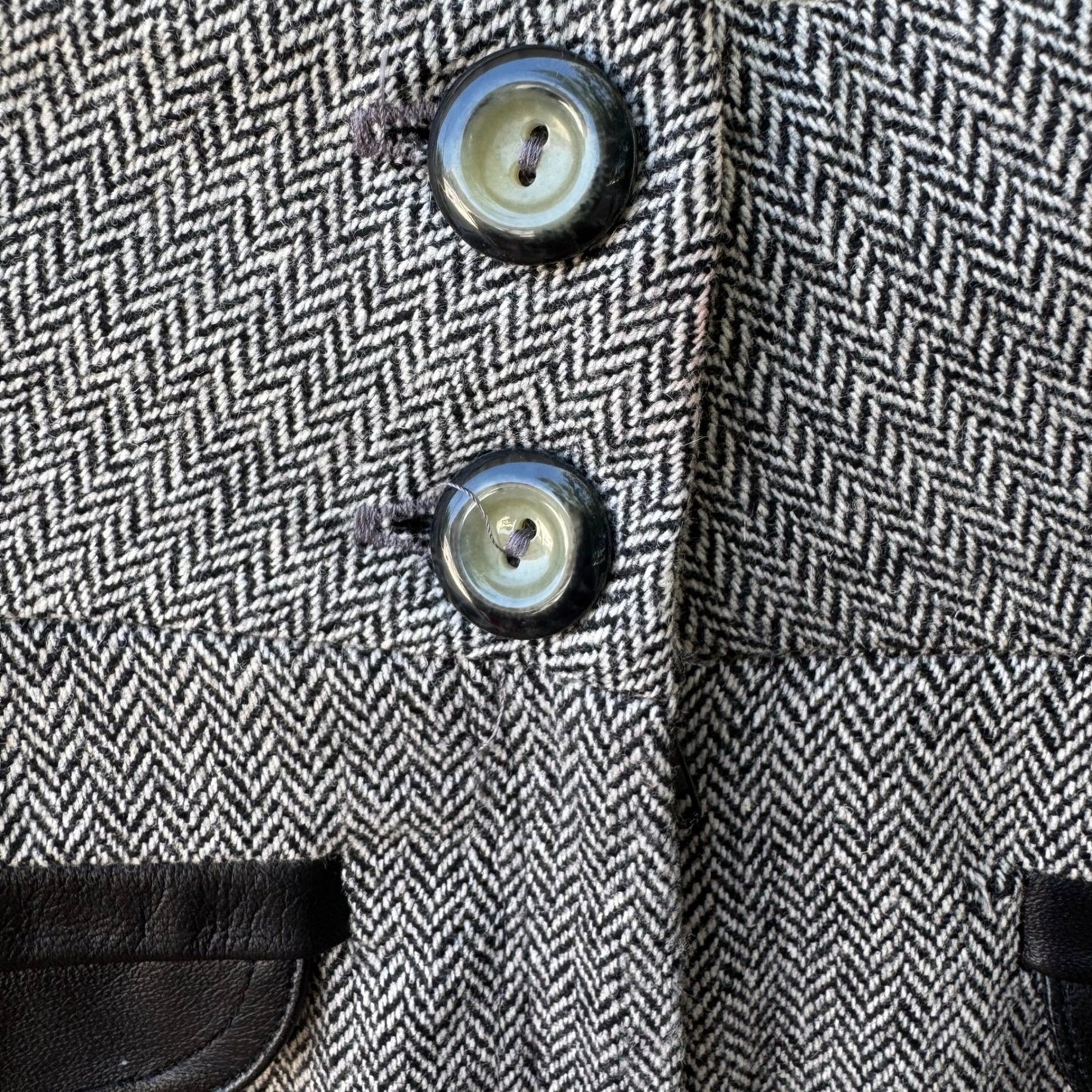 Louis Verdad Y2K Quiet Luxury Tailored Herringbone Wool Blend Leather Trim Pants