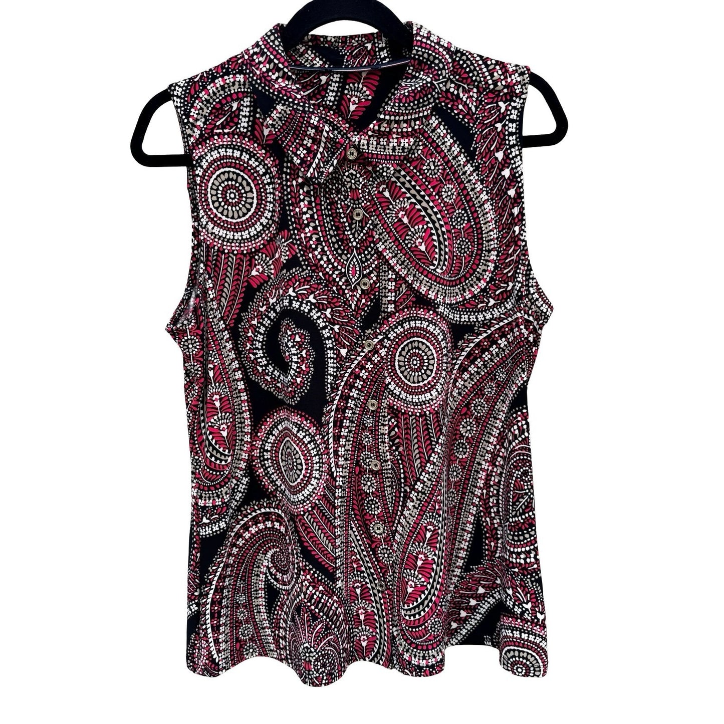 Tommy Hilfiger Womens Pink Black Paisley Sleeveless Button Up Blouse Psychedelic