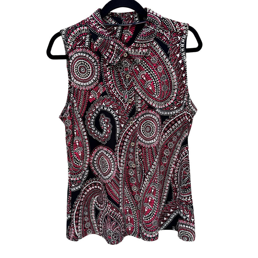Tommy Hilfiger Womens Pink Black Paisley Sleeveless Button Up Blouse Psychedelic