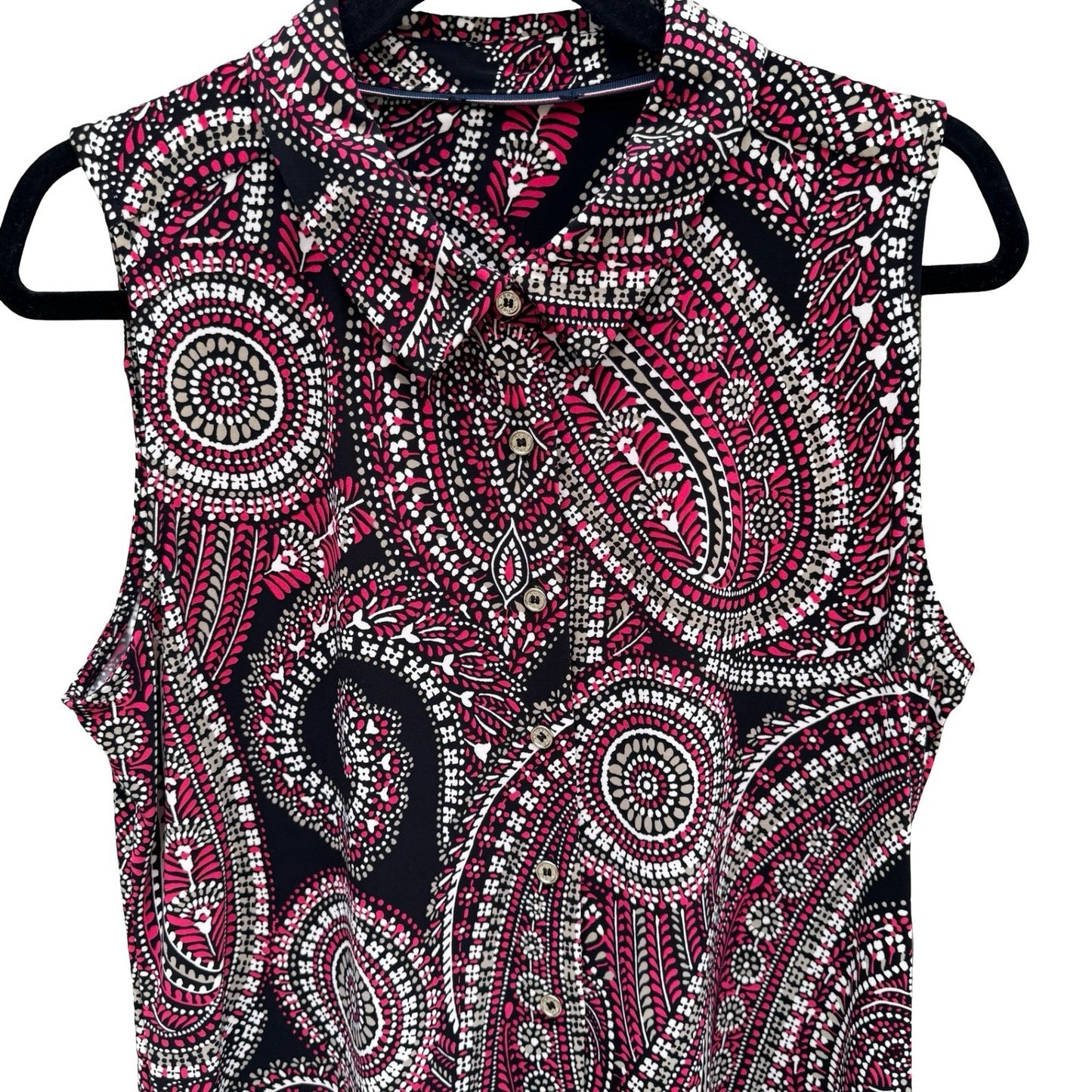 Tommy Hilfiger Womens Pink Black Paisley Sleeveless Button Up Blouse Psychedelic