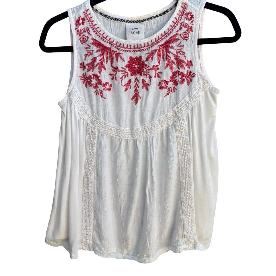 Knox Rose Boho Cottagecore Peasant Embroidered Airy Floral Lace Sleeveless Top S
